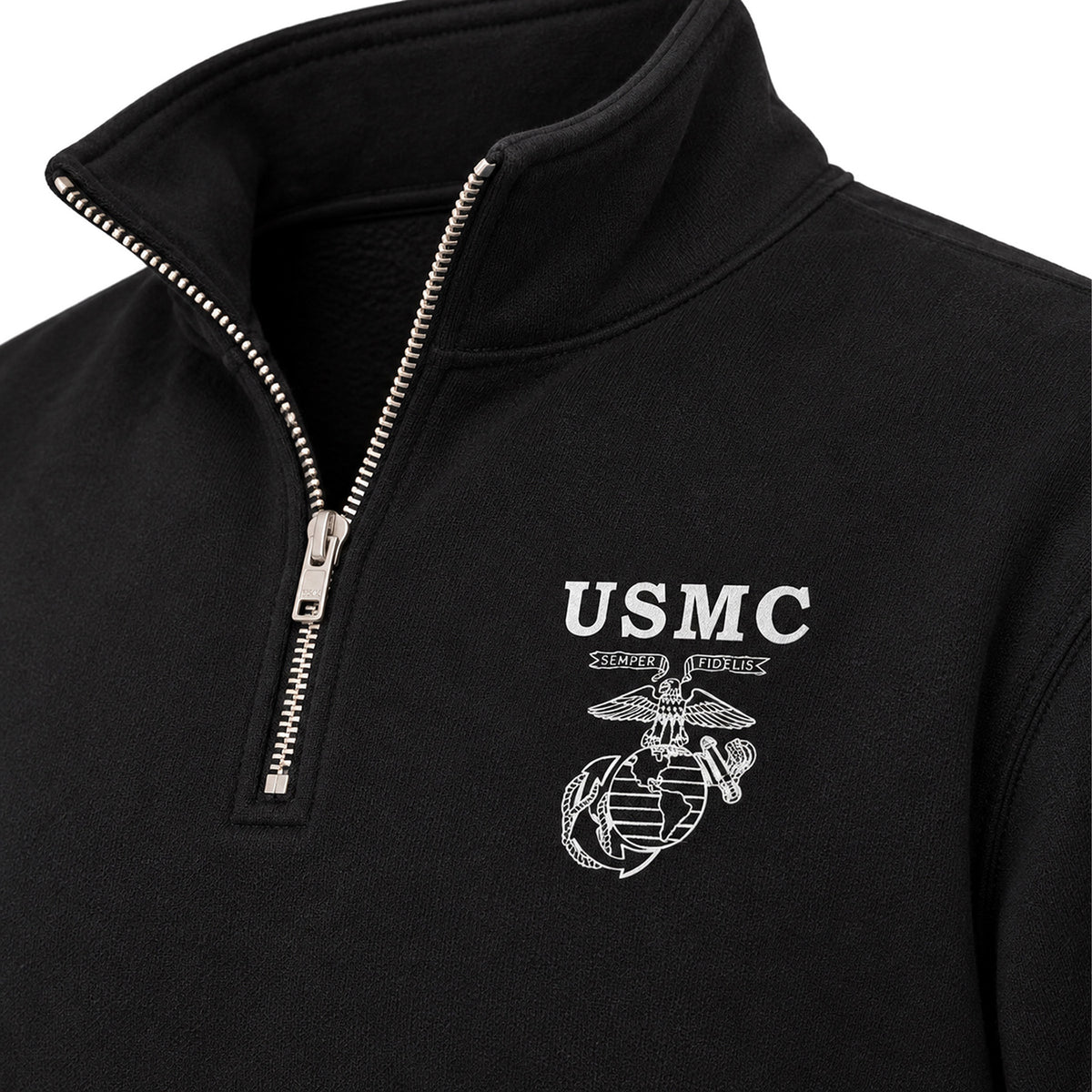 Black USMC Old School EGA screen-printed midweight quarter-zip pullover