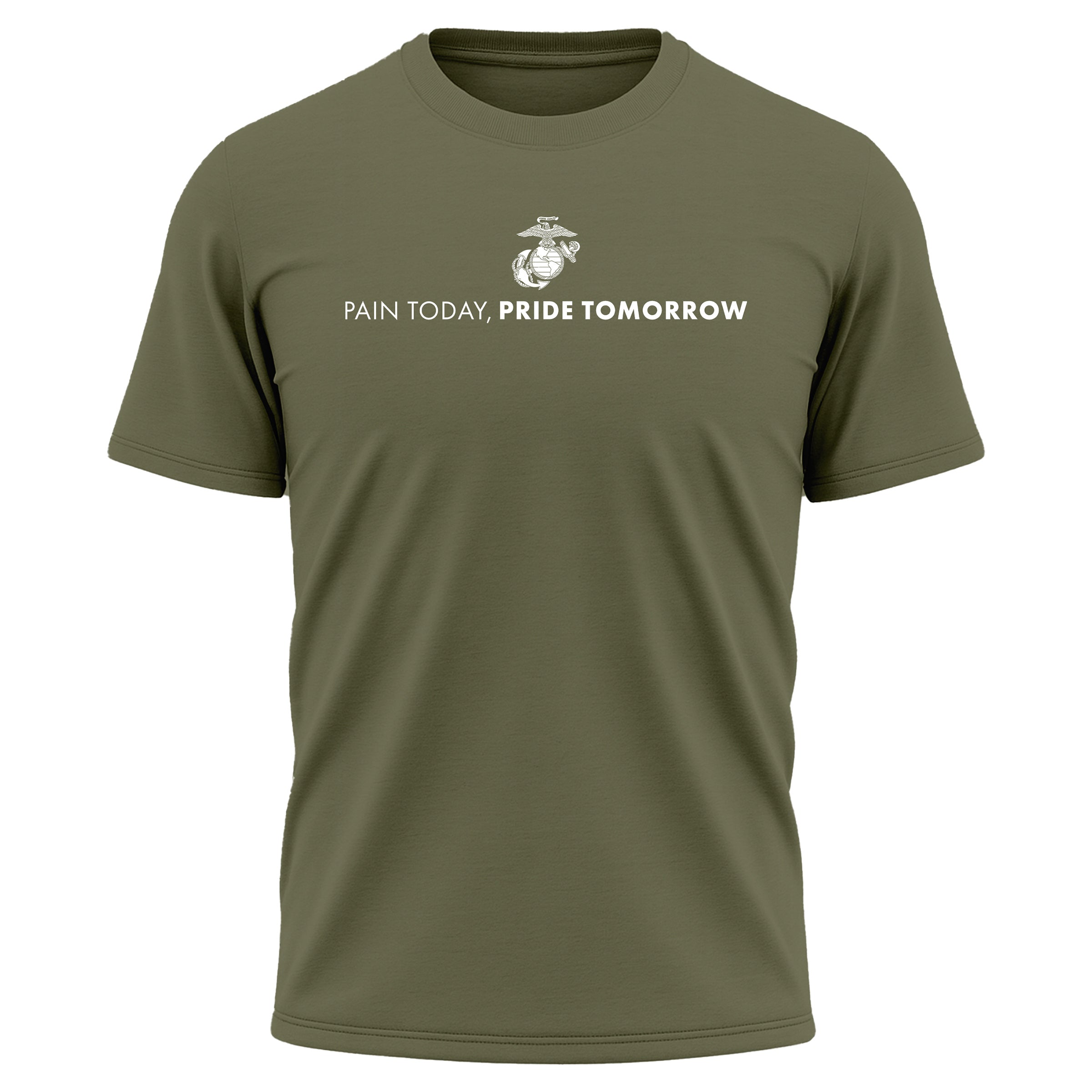 Green USMC motivational performance t-shirt with EGA emblem and text reading 'Pain Today, Pride Tomorrow' – Marine Corps workout and training shirt.