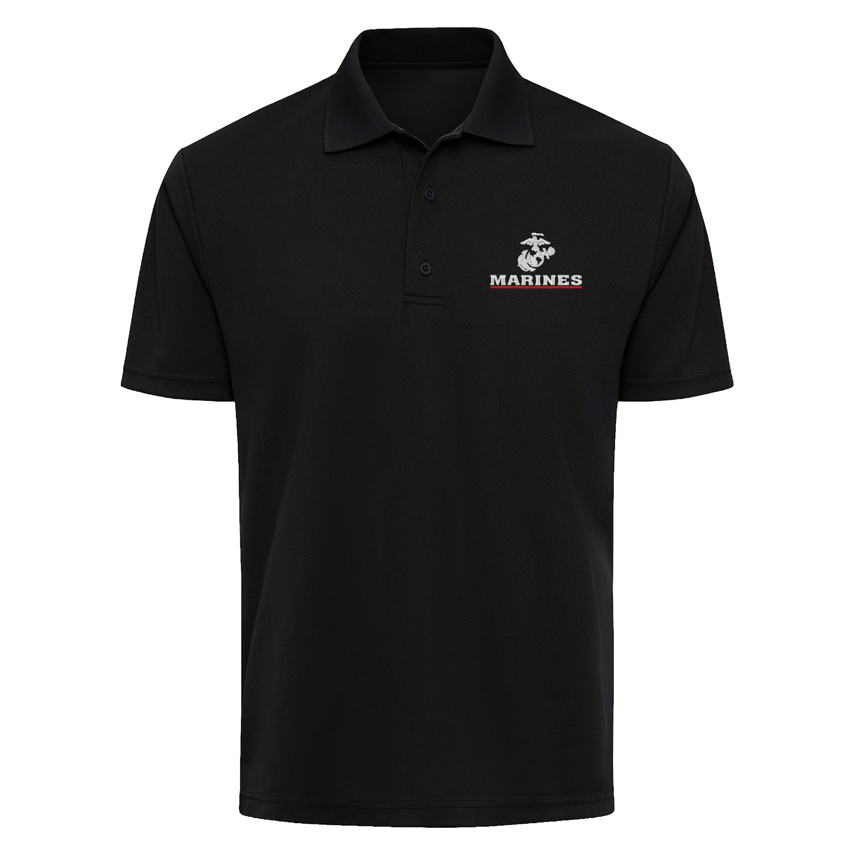 black short-sleeve USMC polo with white and red US Marines logo embroidered on the left chest. Marines embroidered performance polo.