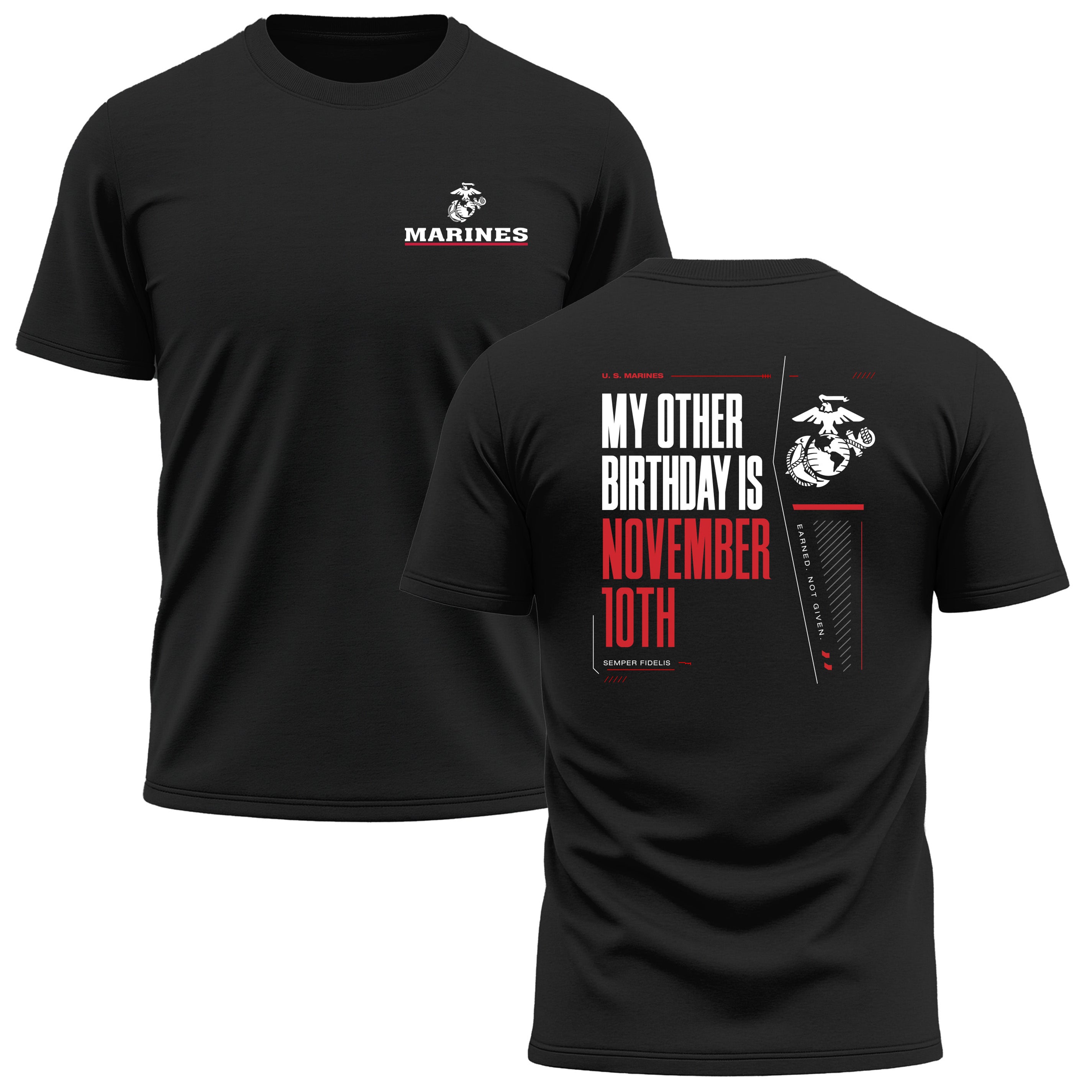 Black USMC My Other Birthday Is November 10th performance T-shirt with Marines Red Line EGA chest seal and Marine Corps Birthday back graphic