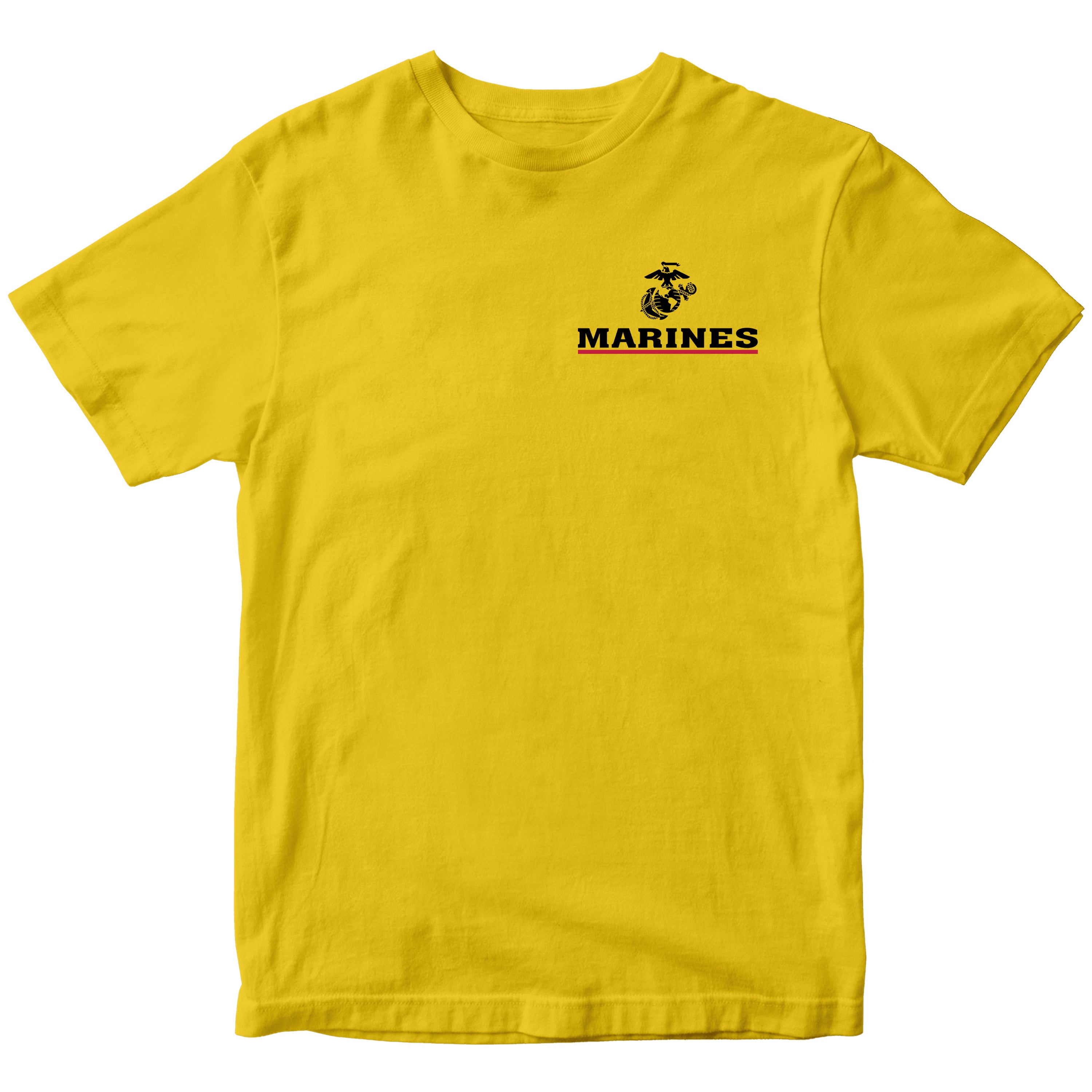 Gold USMC T-shirt with EGA chest seal emblem above bold white 'MARINES' text and a red underline, minimalist Marine Corps design.