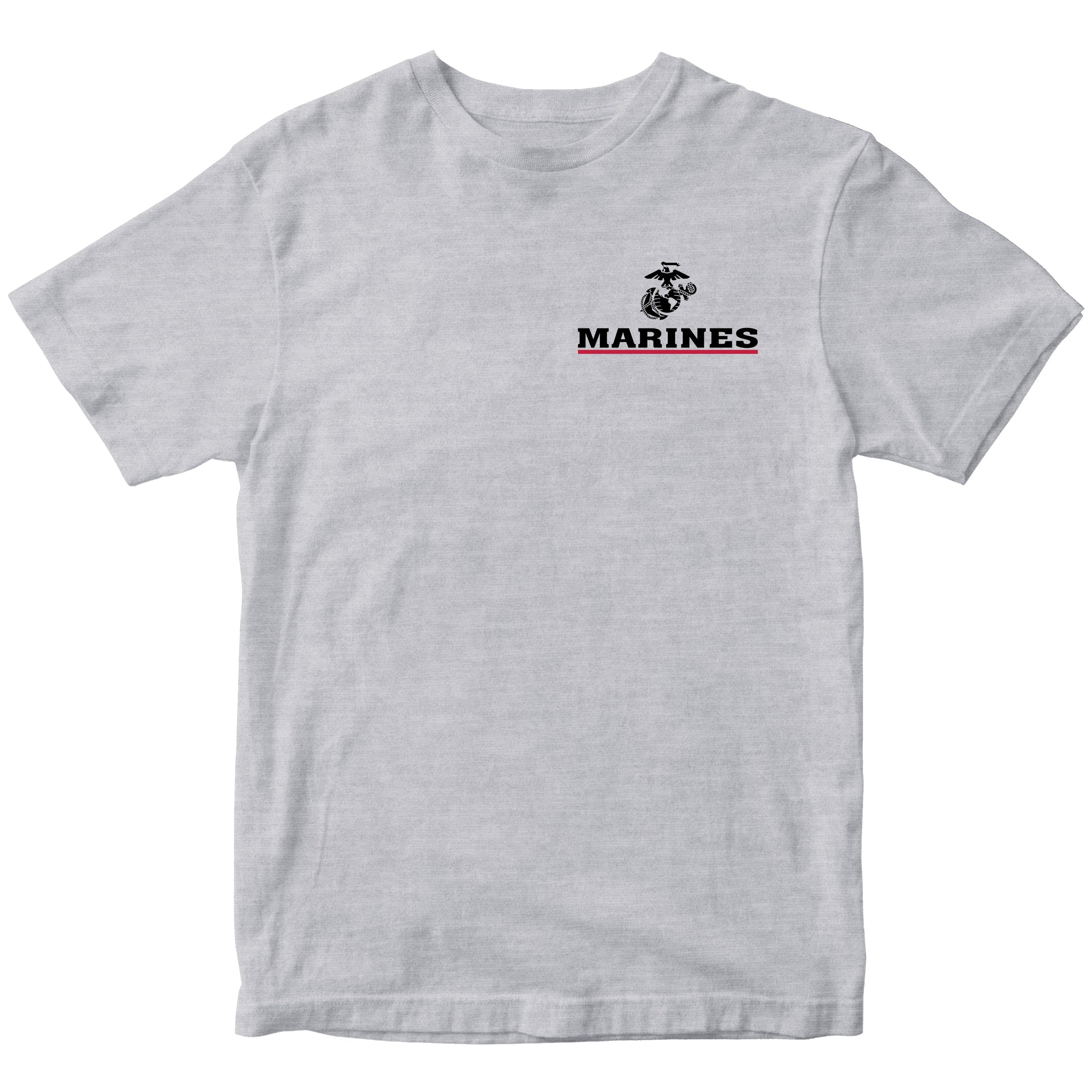 Gray USMC T-shirt with EGA chest seal emblem above bold white 'MARINES' text and a red underline, minimalist Marine Corps design.