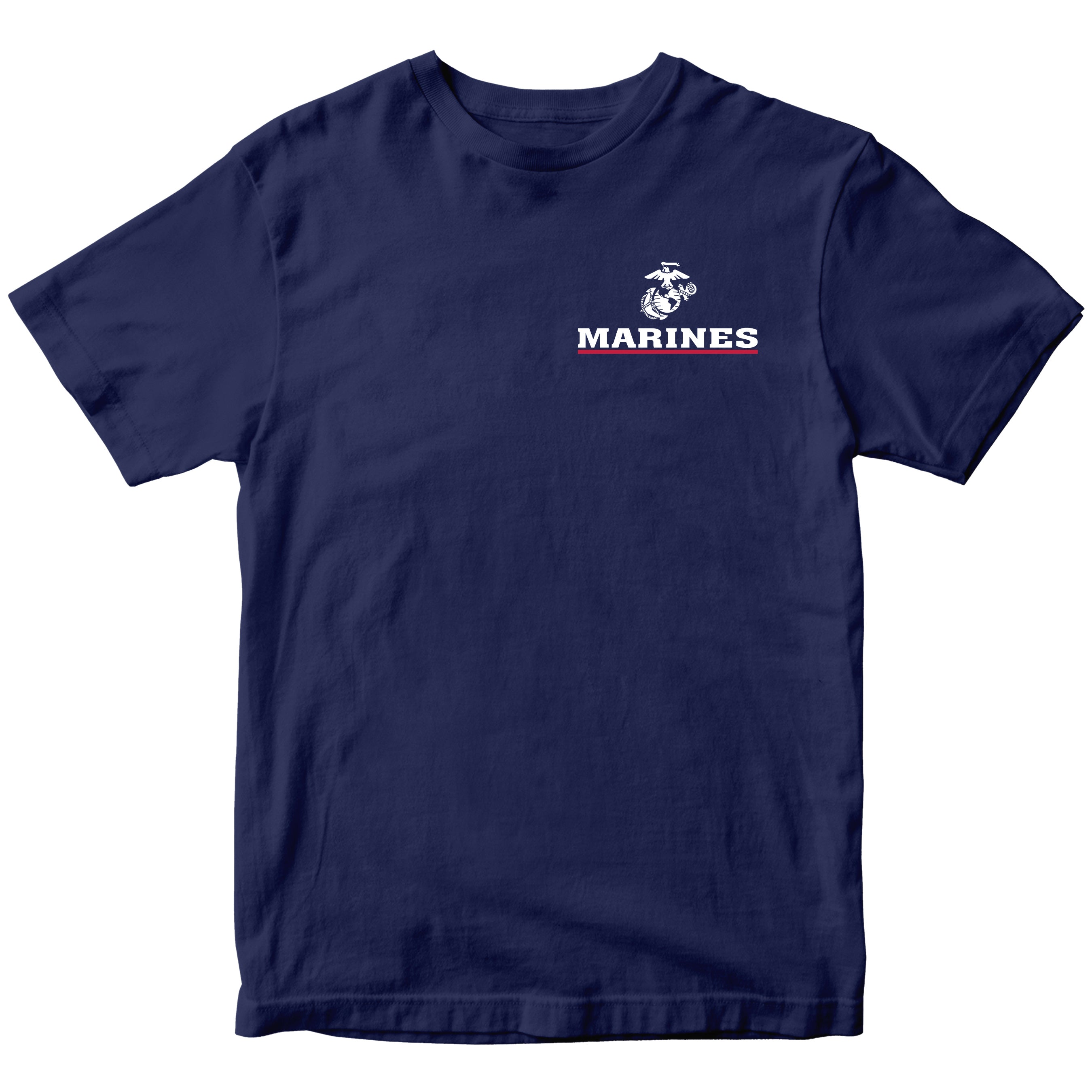 Navy USMC T-shirt with EGA chest seal emblem above bold white 'MARINES' text and a red underline, minimalist Marine Corps design.