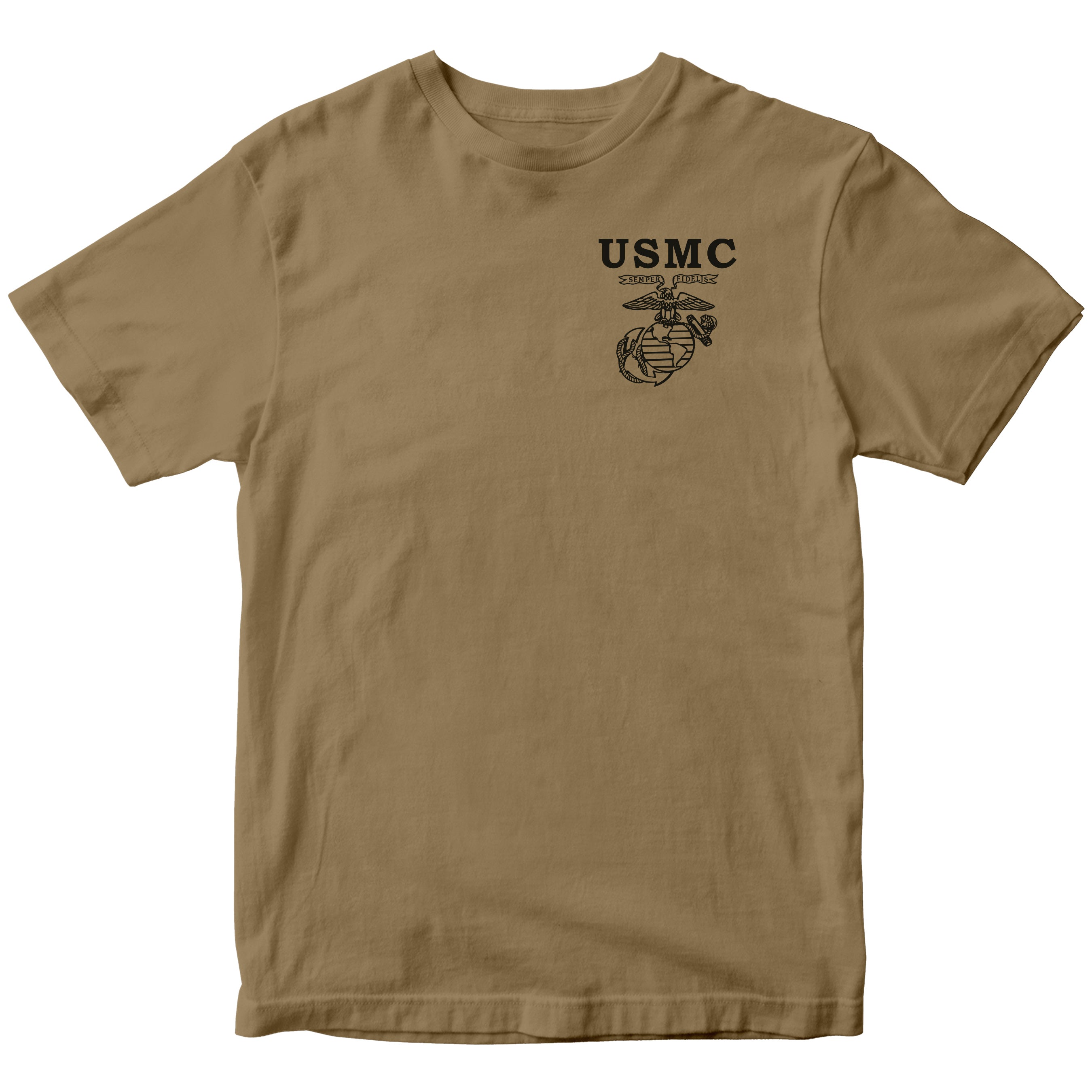 Brown USMC t-shirt featuring 'USMC' and the official Eagle, Globe, and Anchor emblem chest seal