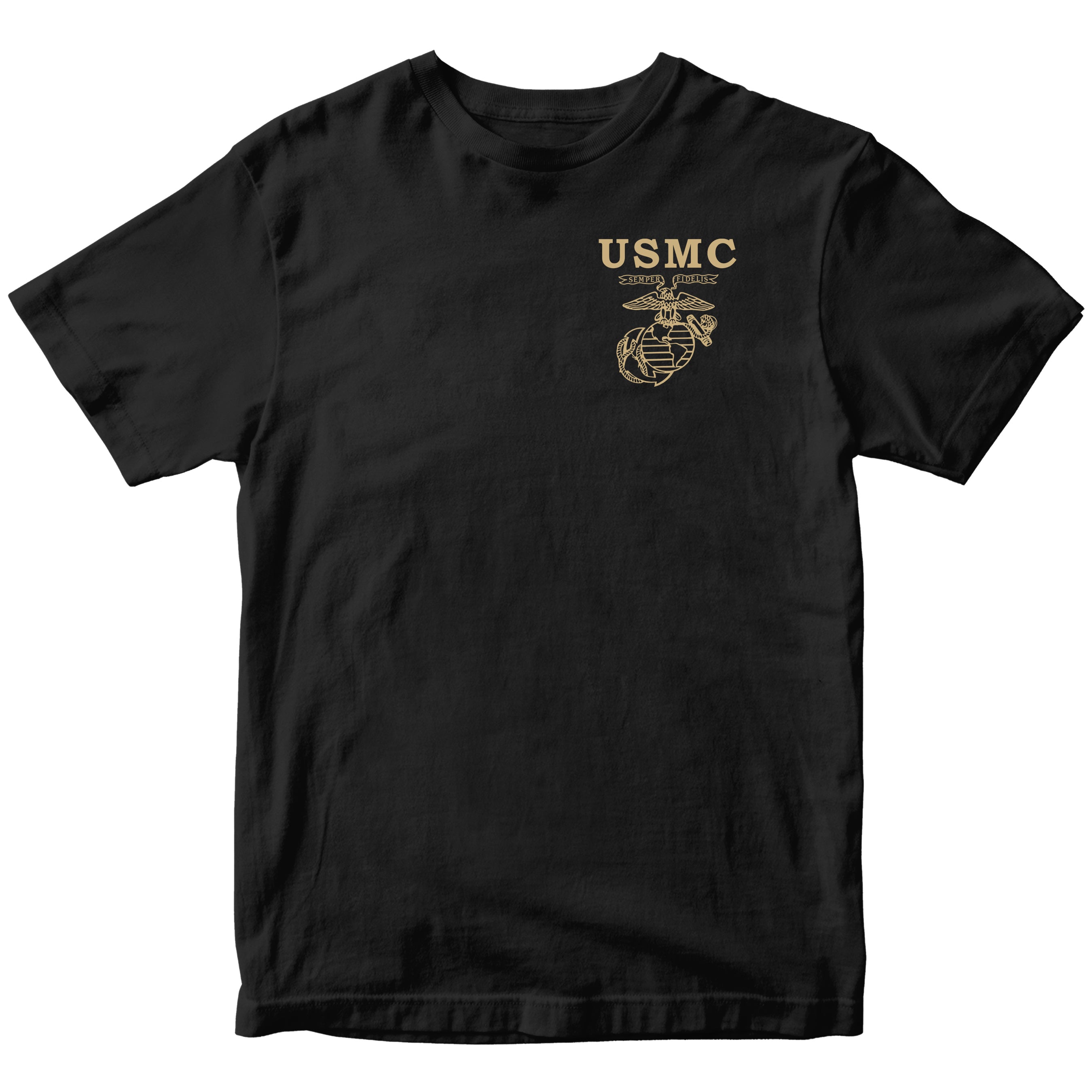 Black USMC t-shirt featuring 'USMC' and the official Eagle, Globe, and Anchor emblem.