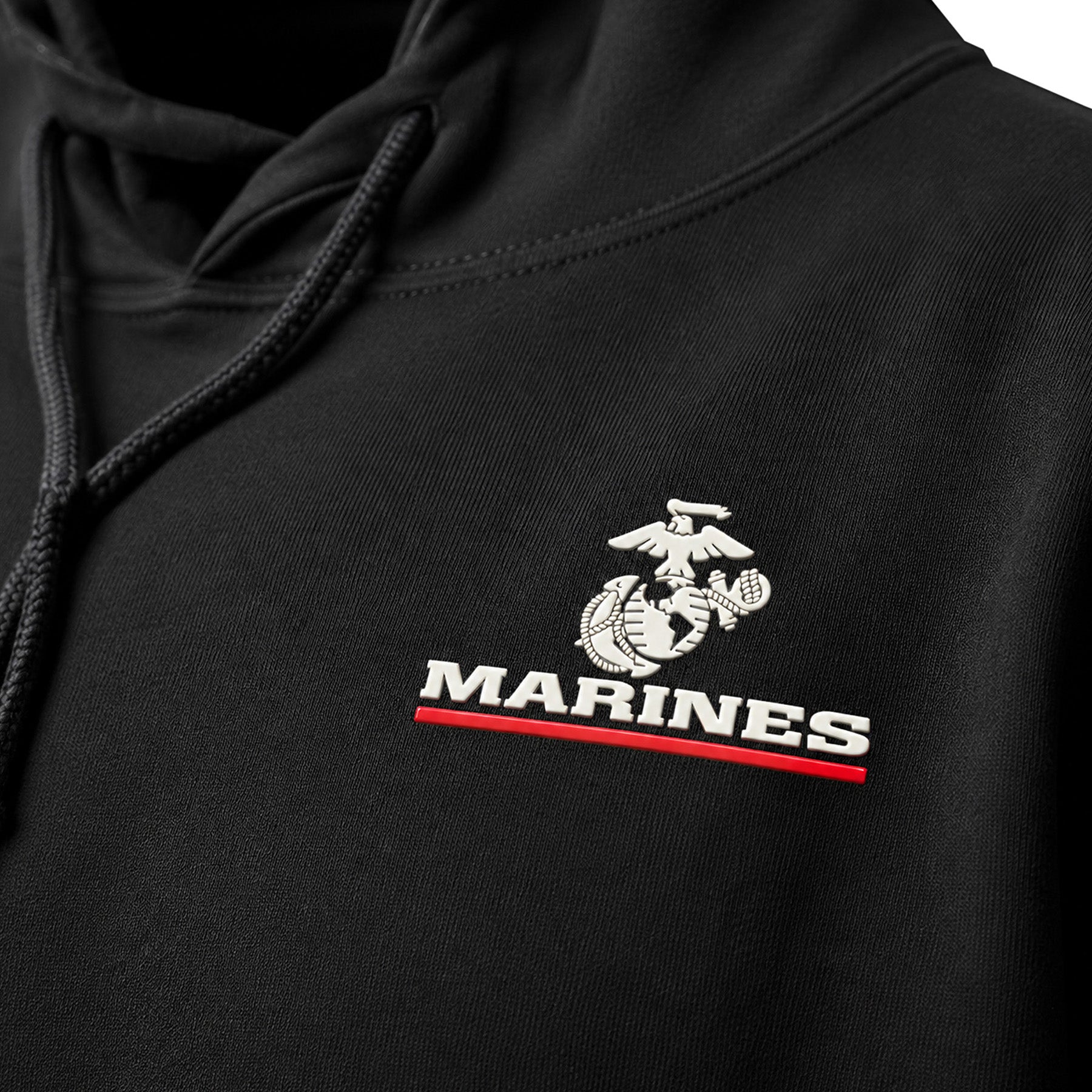 Black Marines Red Line EGA hoodie with raised silicone Eagle Globe and Anchor chest patch