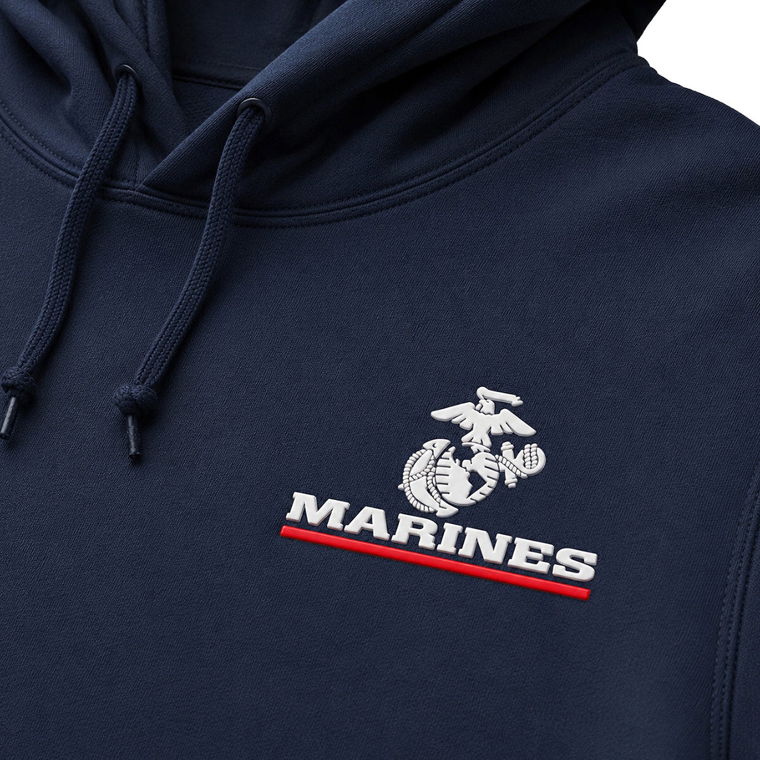 Navy Marines Red Line EGA hoodie with raised silicone Eagle Globe and Anchor chest patch