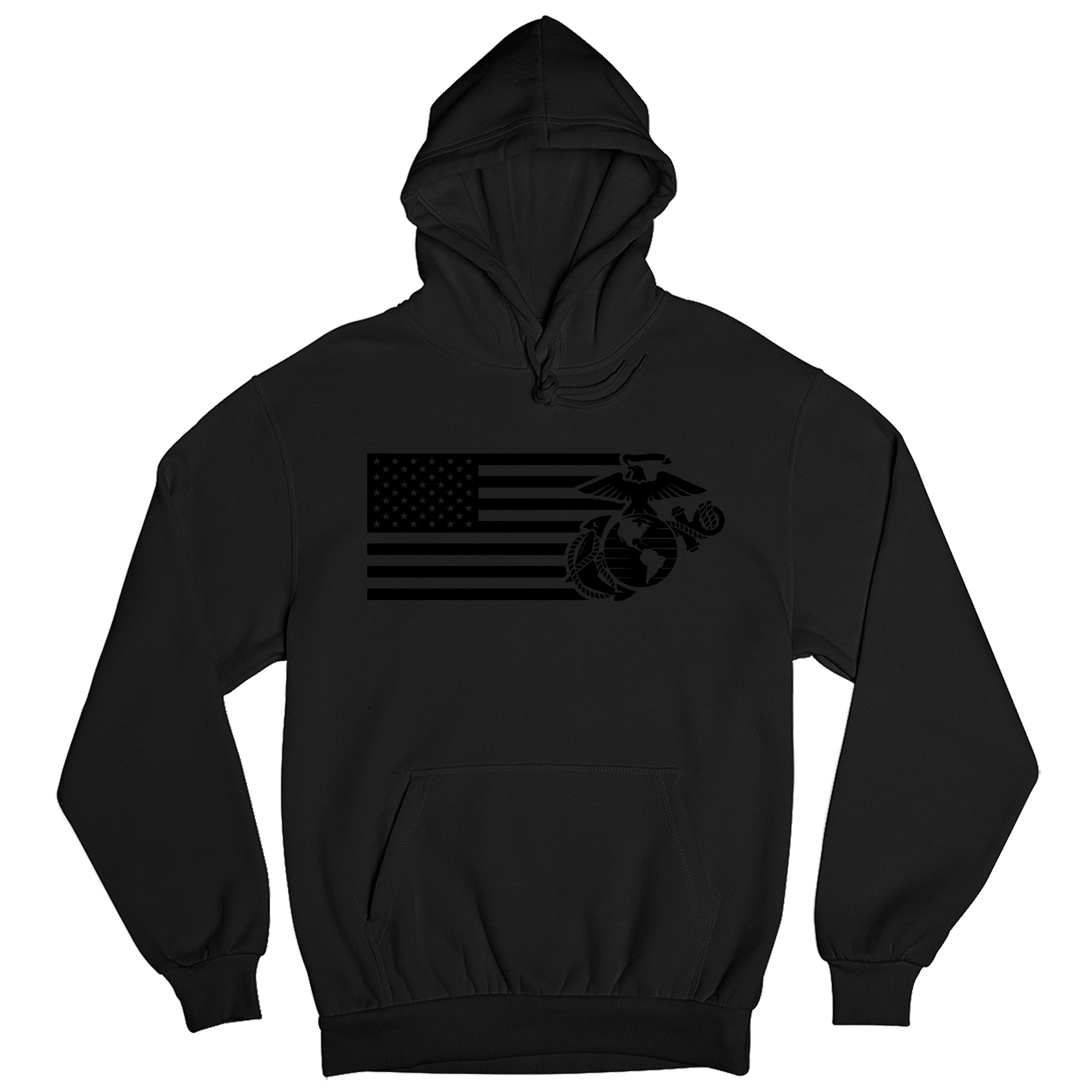 Black USMC Split Flag and EGA hoodie with tonal American flag and Eagle Globe and Anchor front graphic