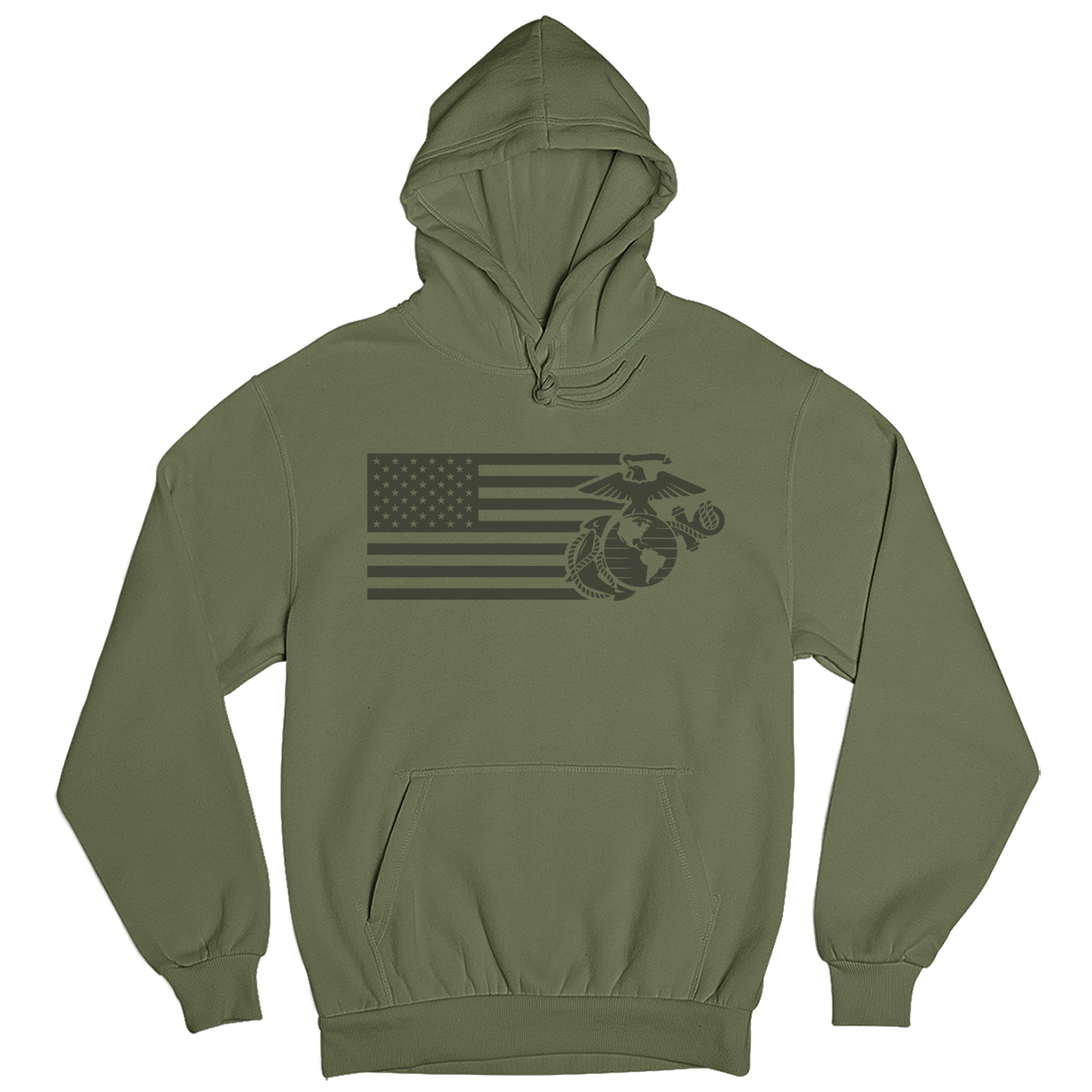 Military Green USMC Split Flag and EGA hoodie with tonal American flag and Eagle Globe and Anchor front graphic