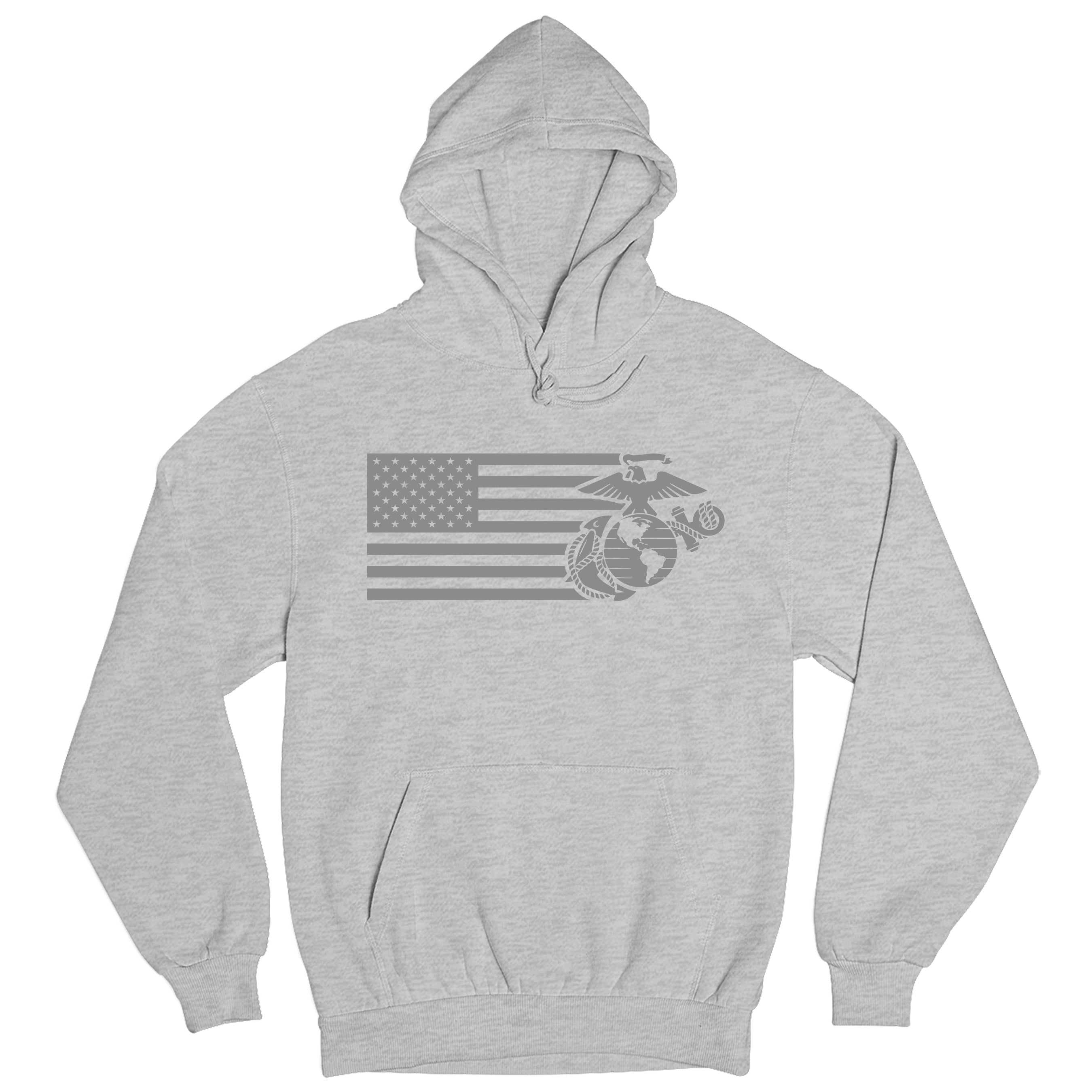 Heather Gray USMC Split Flag and EGA hoodie with tonal American flag and Eagle Globe and Anchor front graphic