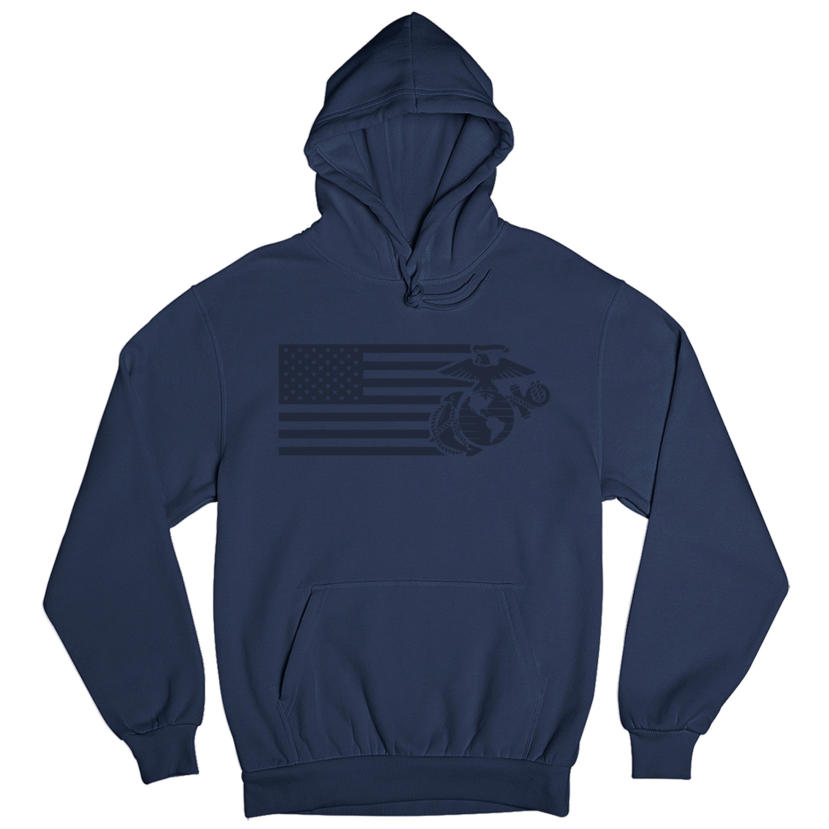Navy Blue USMC Split Flag and EGA hoodie with tonal American flag and Eagle Globe and Anchor front graphic