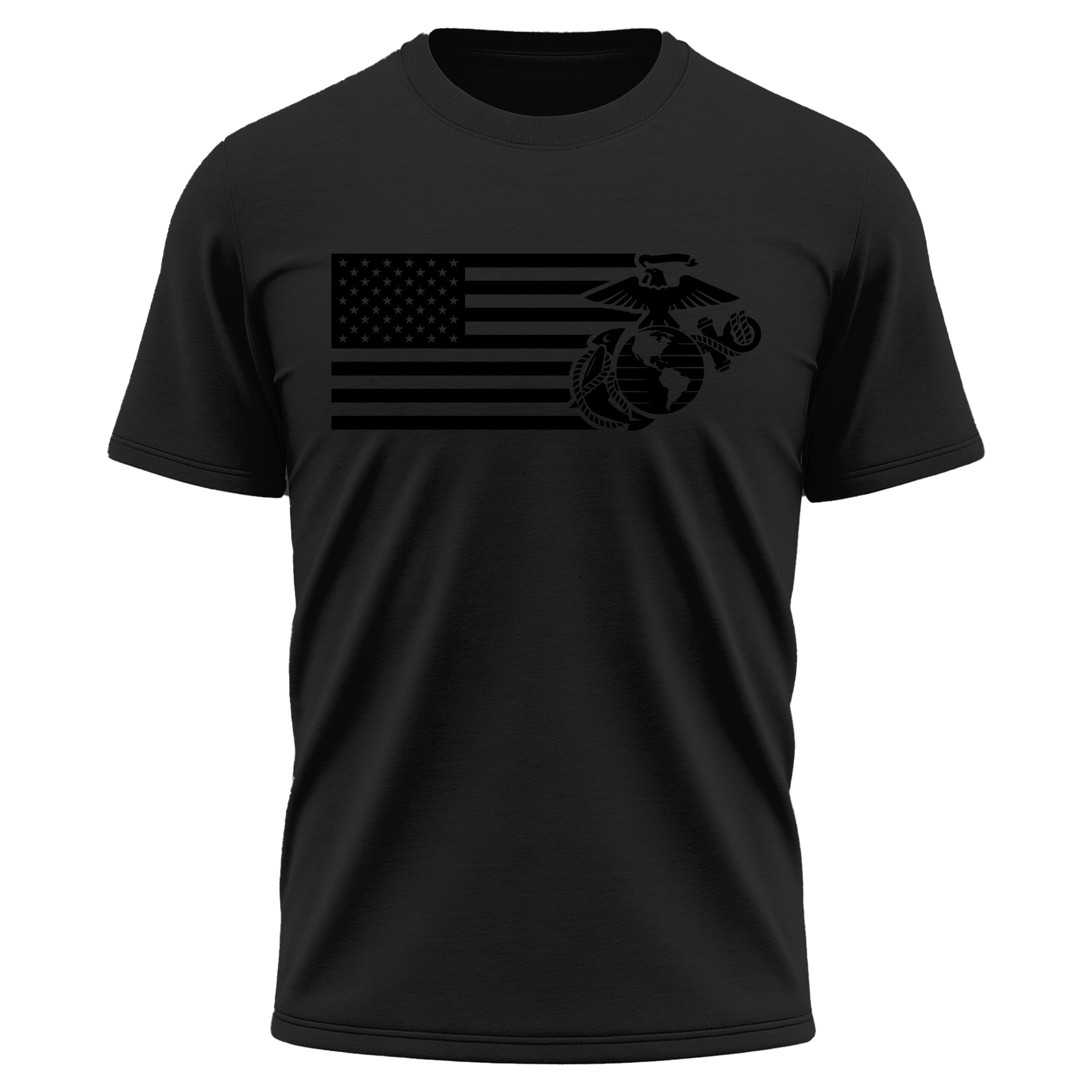 Black on black Marines American flag and EGA performance t-shirt with monochromatic Marine Corps EGA & Flag. Marines Patriotic tee. USMC workout tee
