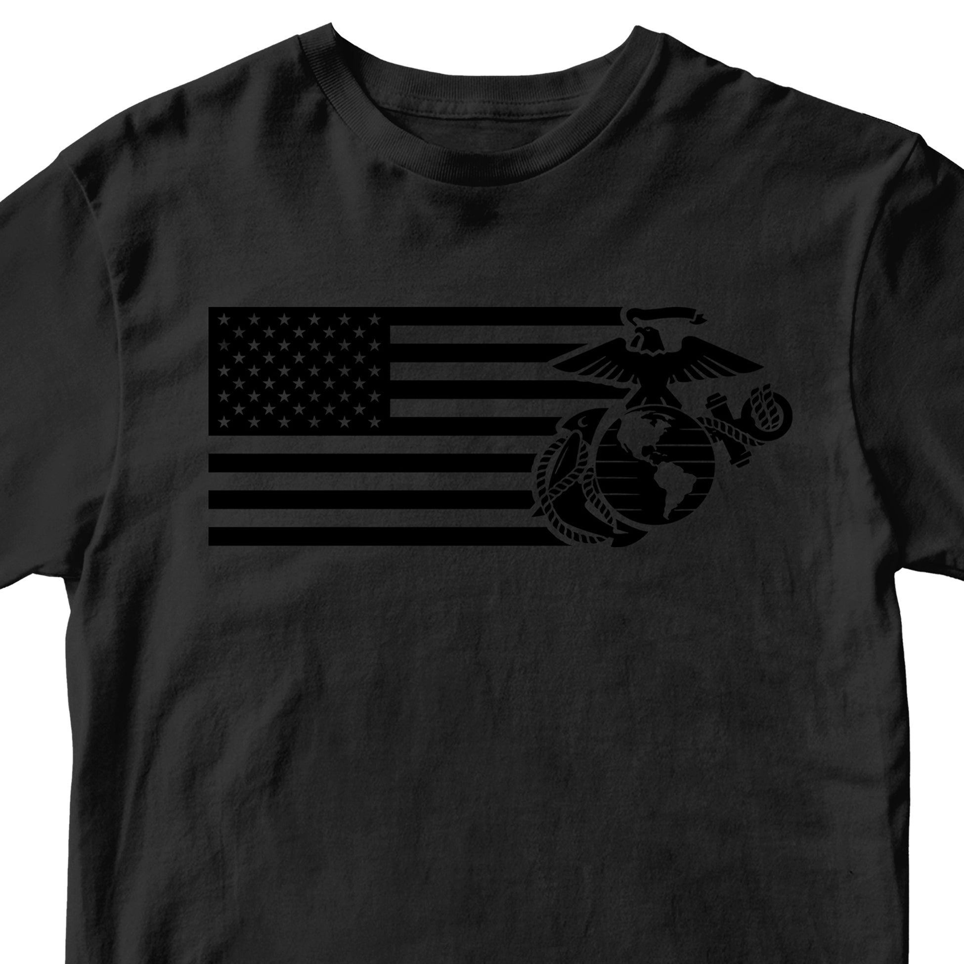 Black on black USMC Split Flag and EGA t-shirt with monochromatic Marine Corps EGA and American Flag Design. Marines Patriotic Tee.