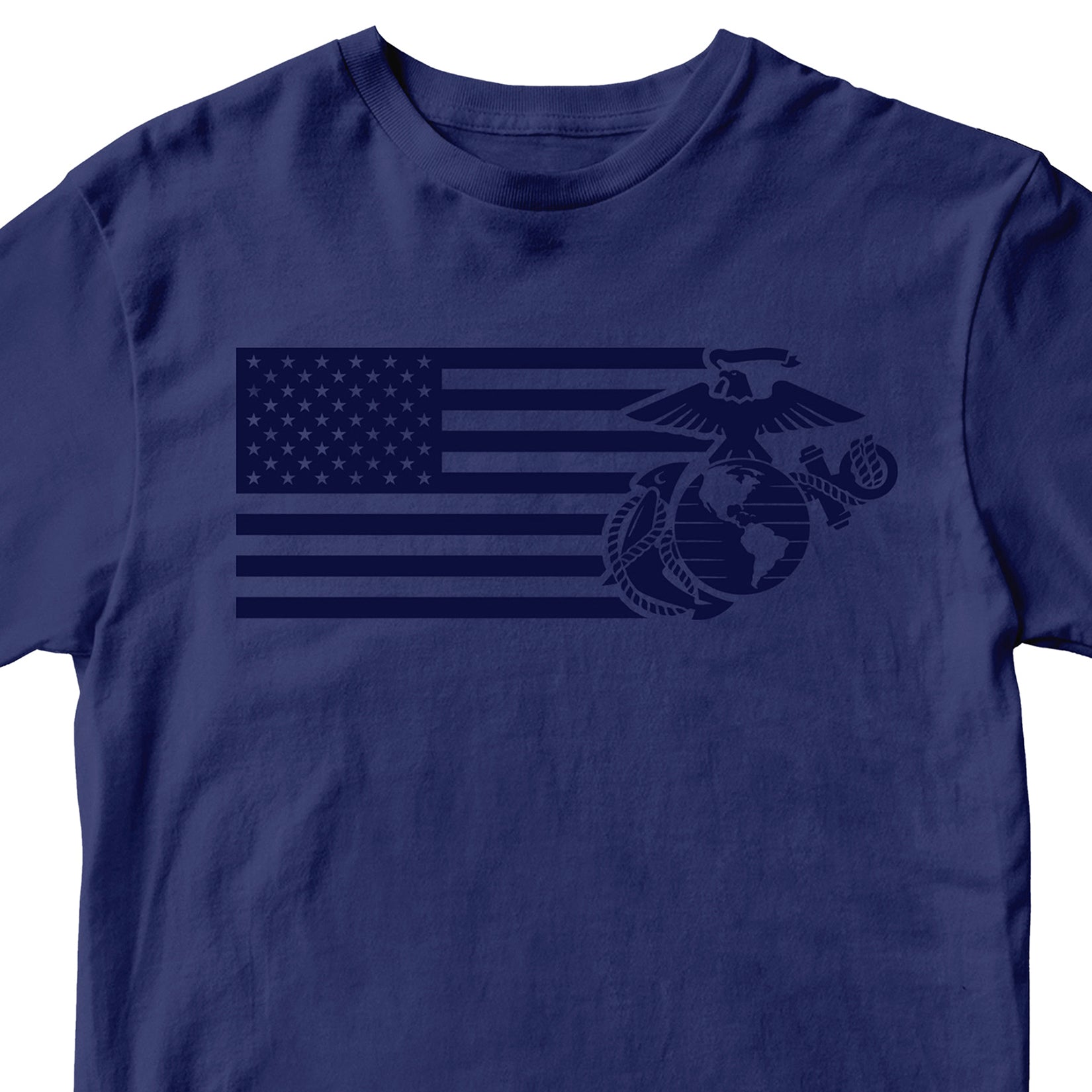 Navy Blue USMC Split Flag and EGA t-shirt with monochromatic Marine Corps EGA and American Flag Design. Marines Patriotic Tee.