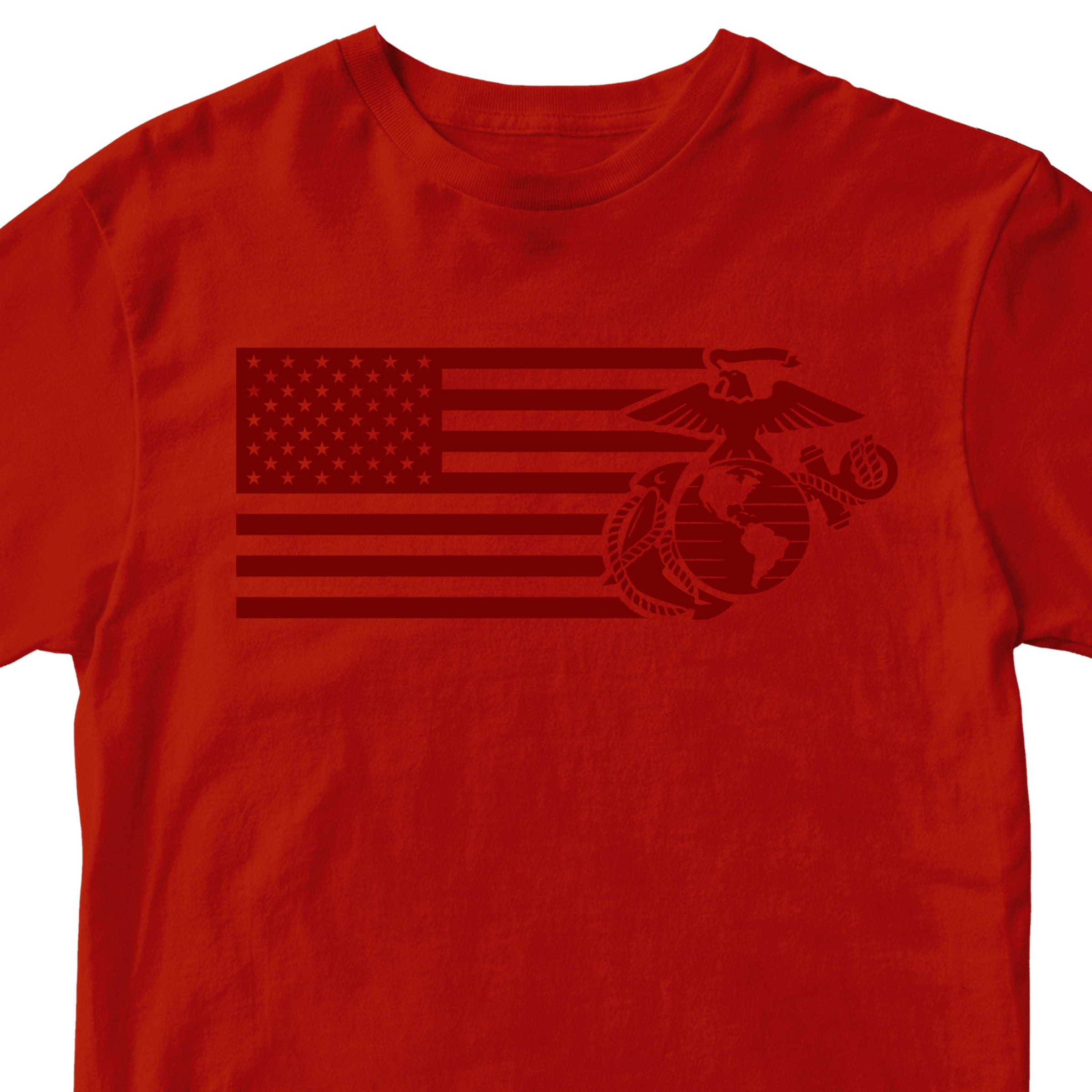 Red USMC Split Flag and EGA t-shirt with monochromatic Marine Corps EGA and American Flag Design. Marines Patriotic Tee.