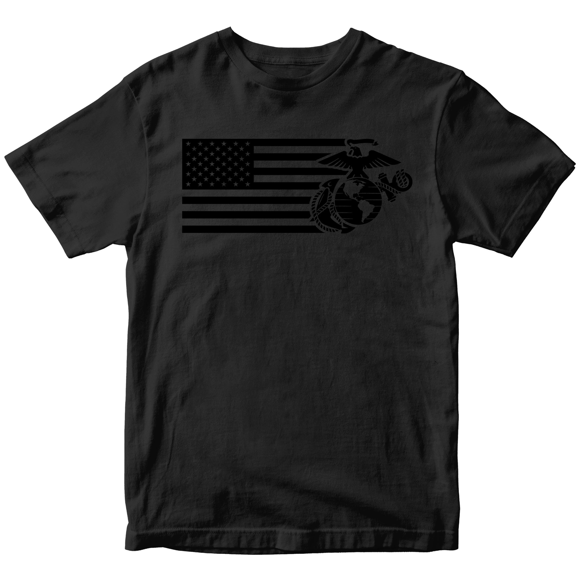 Black on black USMC Split Flag and EGA t-shirt with monochromatic Marine Corps EGA and American Flag Design. Marines Patriotic Tee.