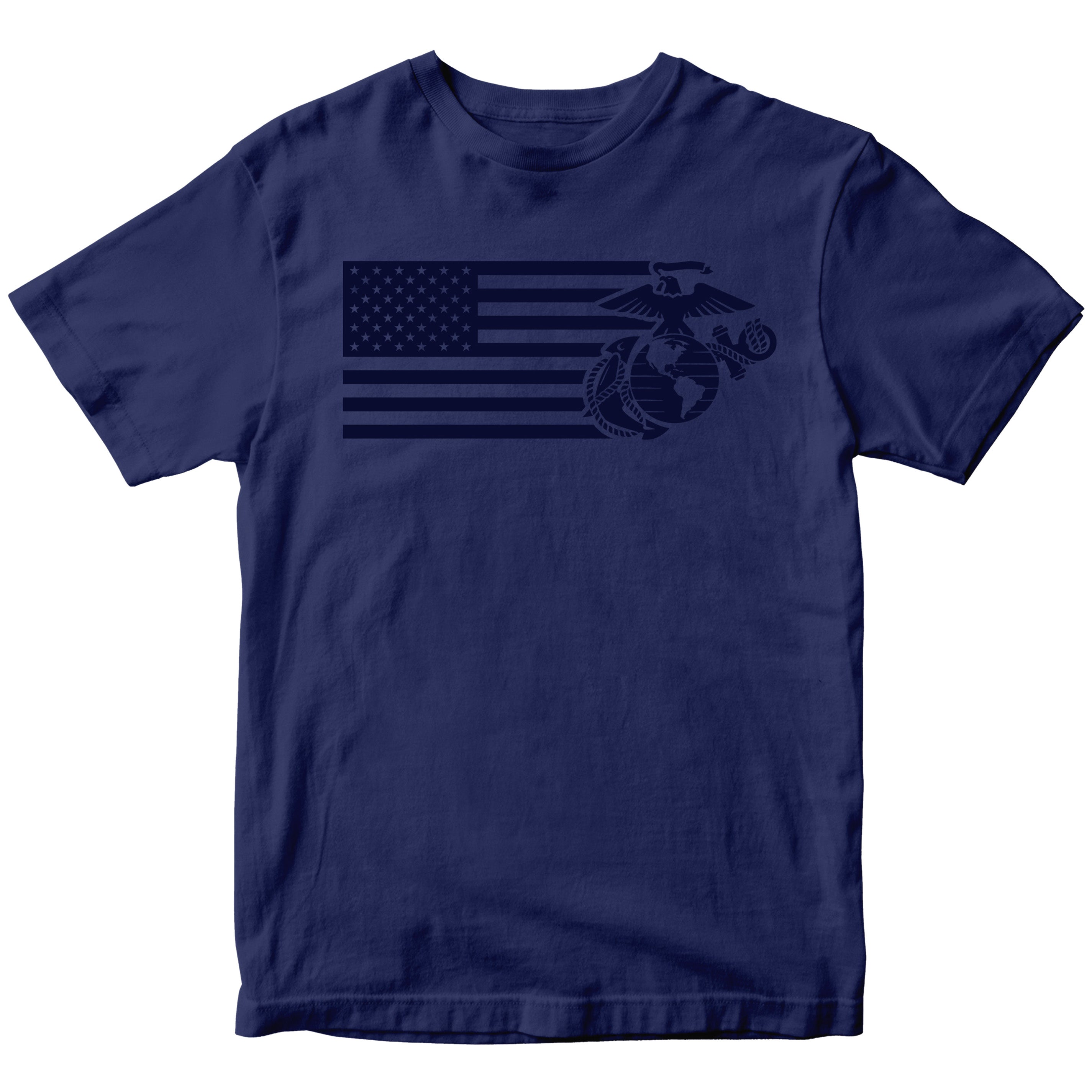 Navy Blue USMC Split Flag and EGA t-shirt with monochromatic Marine Corps EGA and American Flag Design. Marines Patriotic Tee.