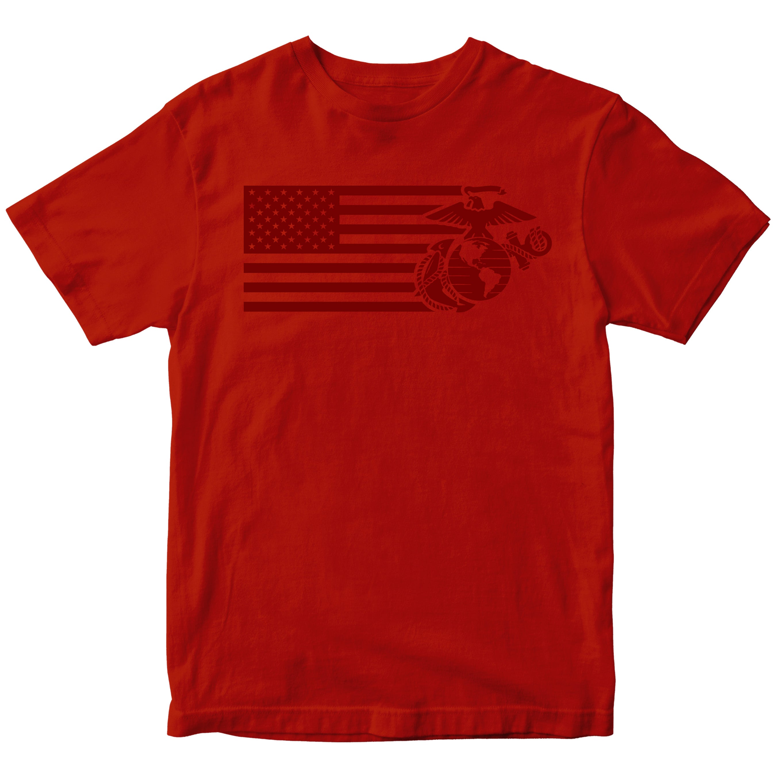 Red USMC Split Flag and EGA t-shirt with monochromatic Marine Corps EGA and American Flag Design. Marines Patriotic Tee.