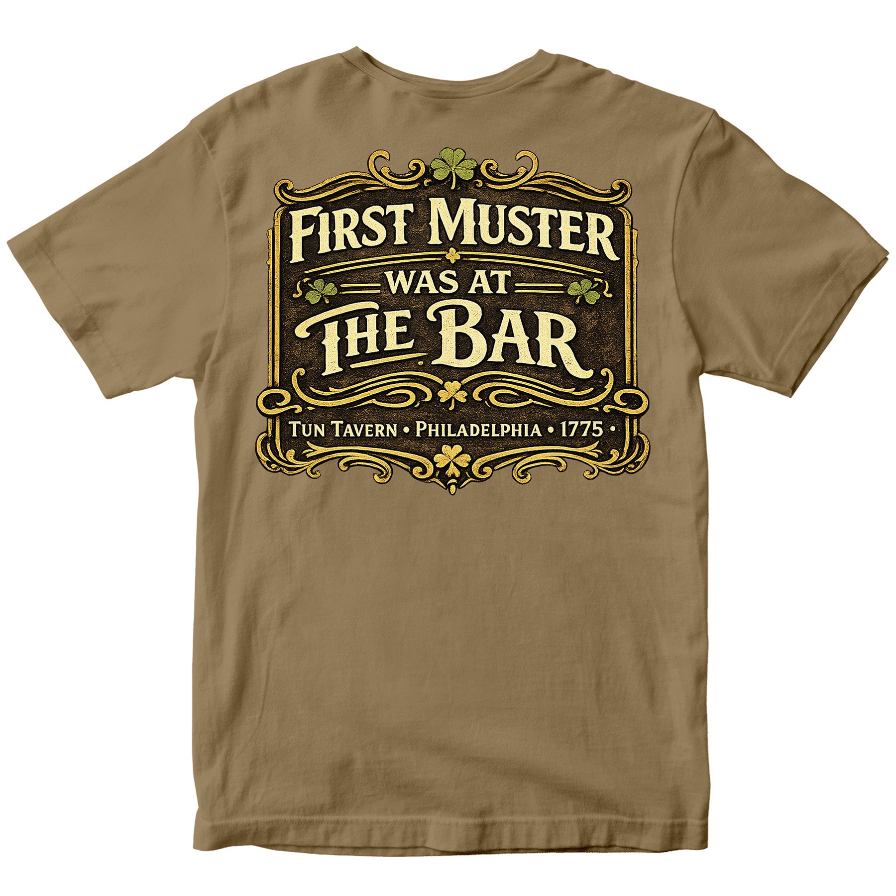 Brown Marines Tun Tavern St. Patrick’s Day T-shirt with ‘First Muster Was at the Bar’ graphic. USMC St. Patrick's Day Tee