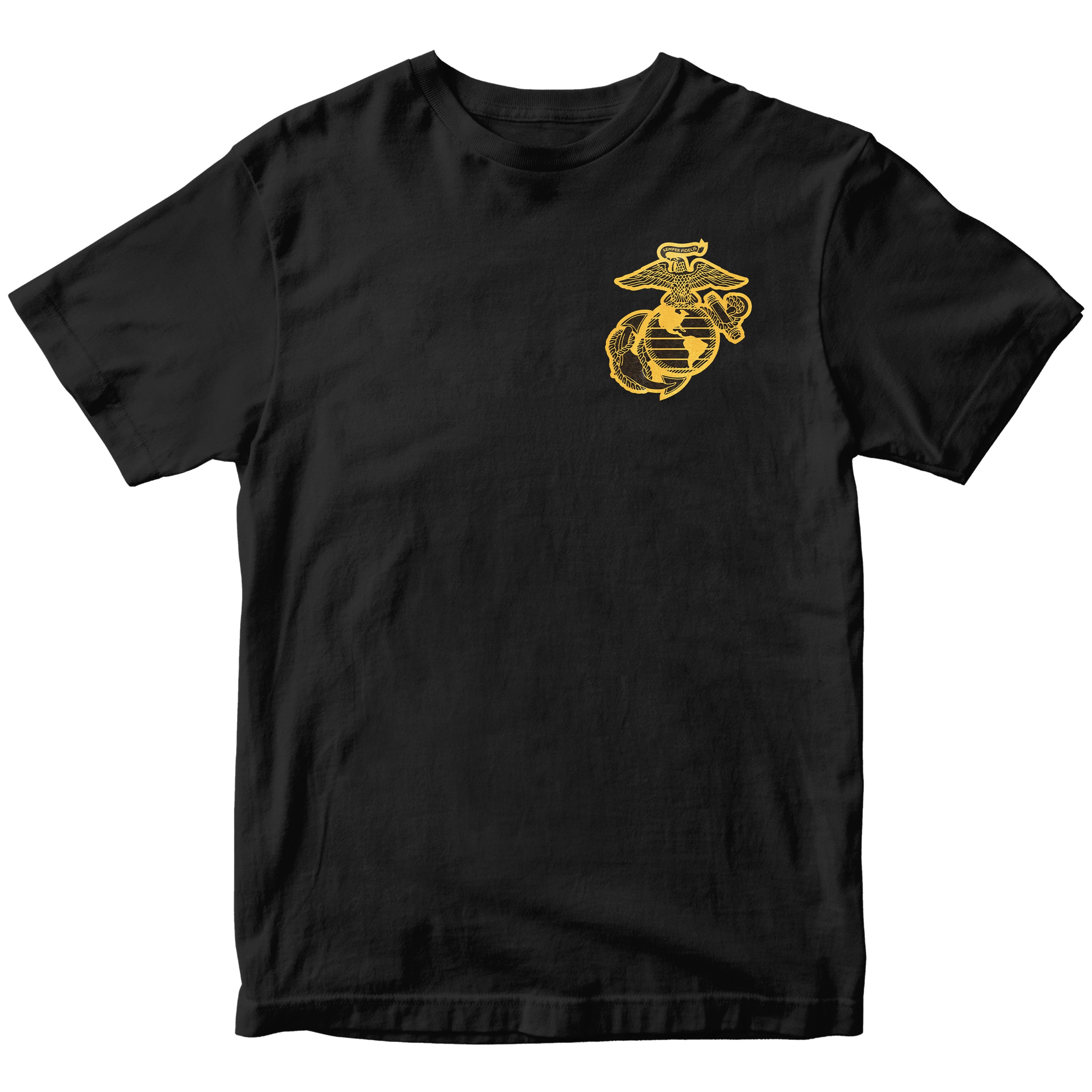 Black Marines Tun Tavern St. Patrick’s Day T-shirt with ‘First Muster Was at the Bar’ graphic. USMC St. Patrick's Day Tee
