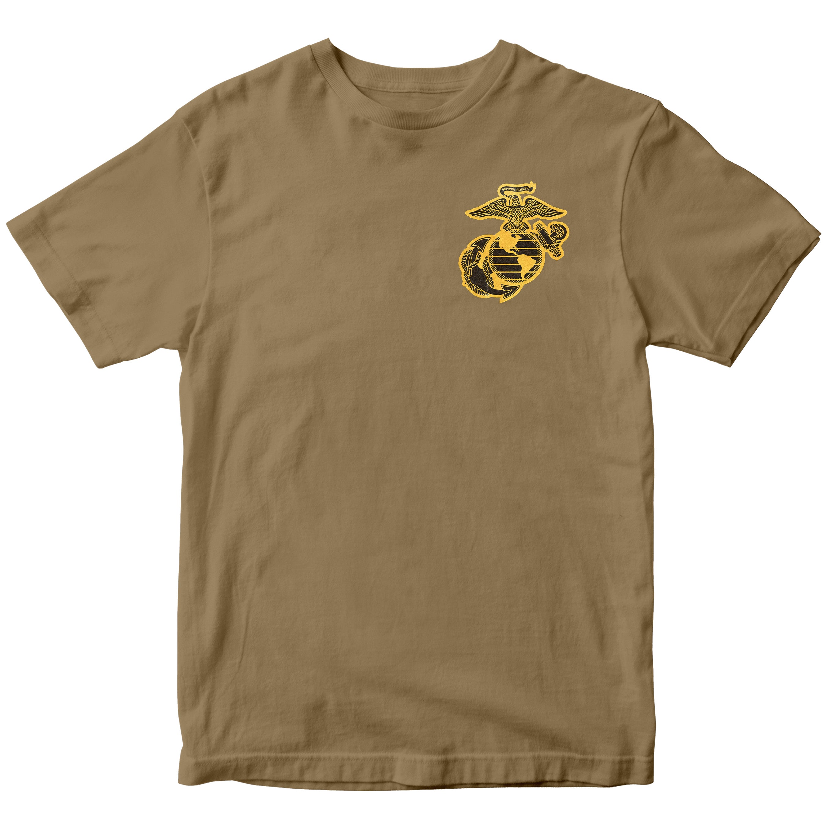 Brown Marines Tun Tavern St. Patrick’s Day T-shirt with ‘First Muster Was at the Bar’ graphic. USMC St. Patrick's Day Tee