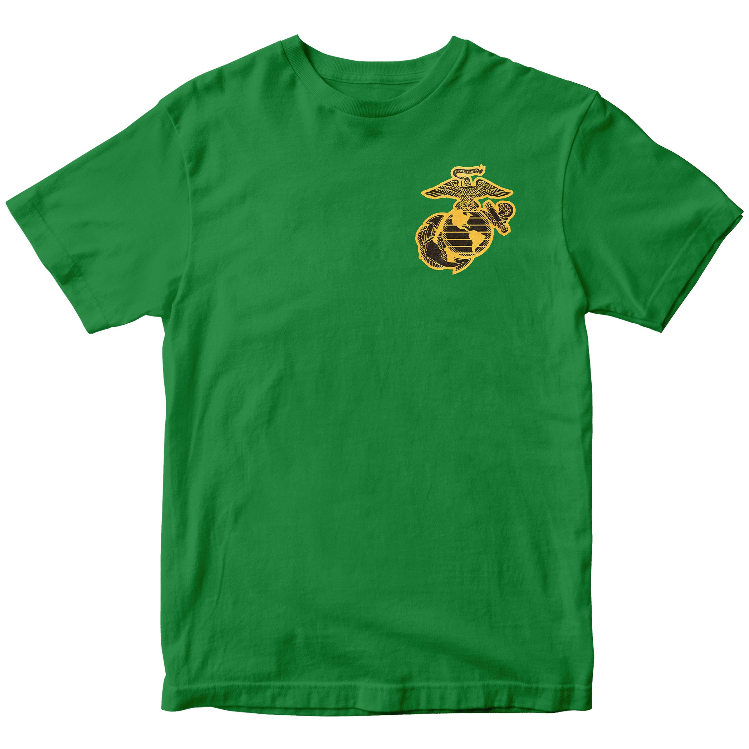 Green Marines Tun Tavern St. Patrick’s Day T-shirt with ‘First Muster Was at the Bar’ graphic. USMC St. Patrick's Day Tee