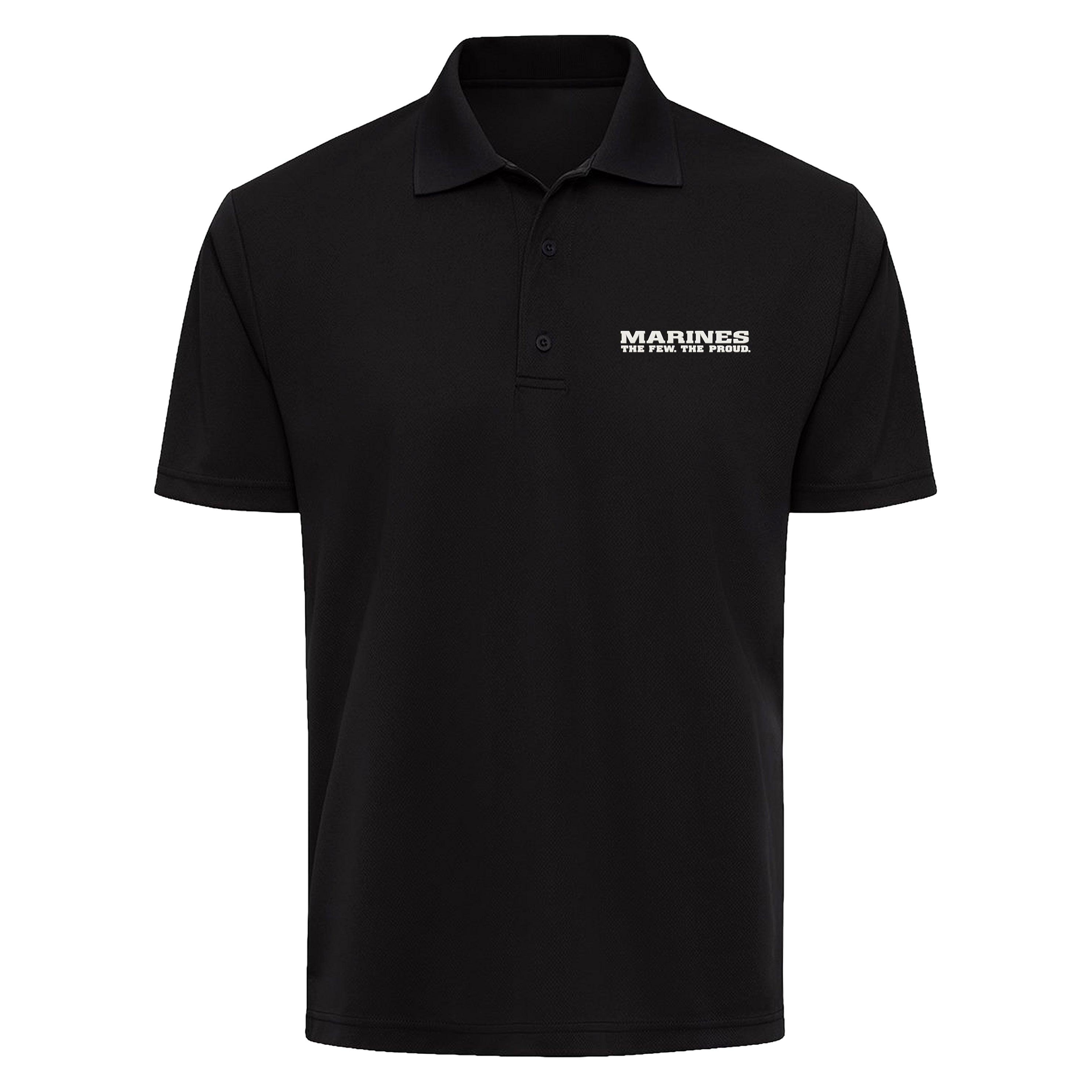 Marine Corps performance polo with The Few The Proud silicone chest logo and Marines lettering