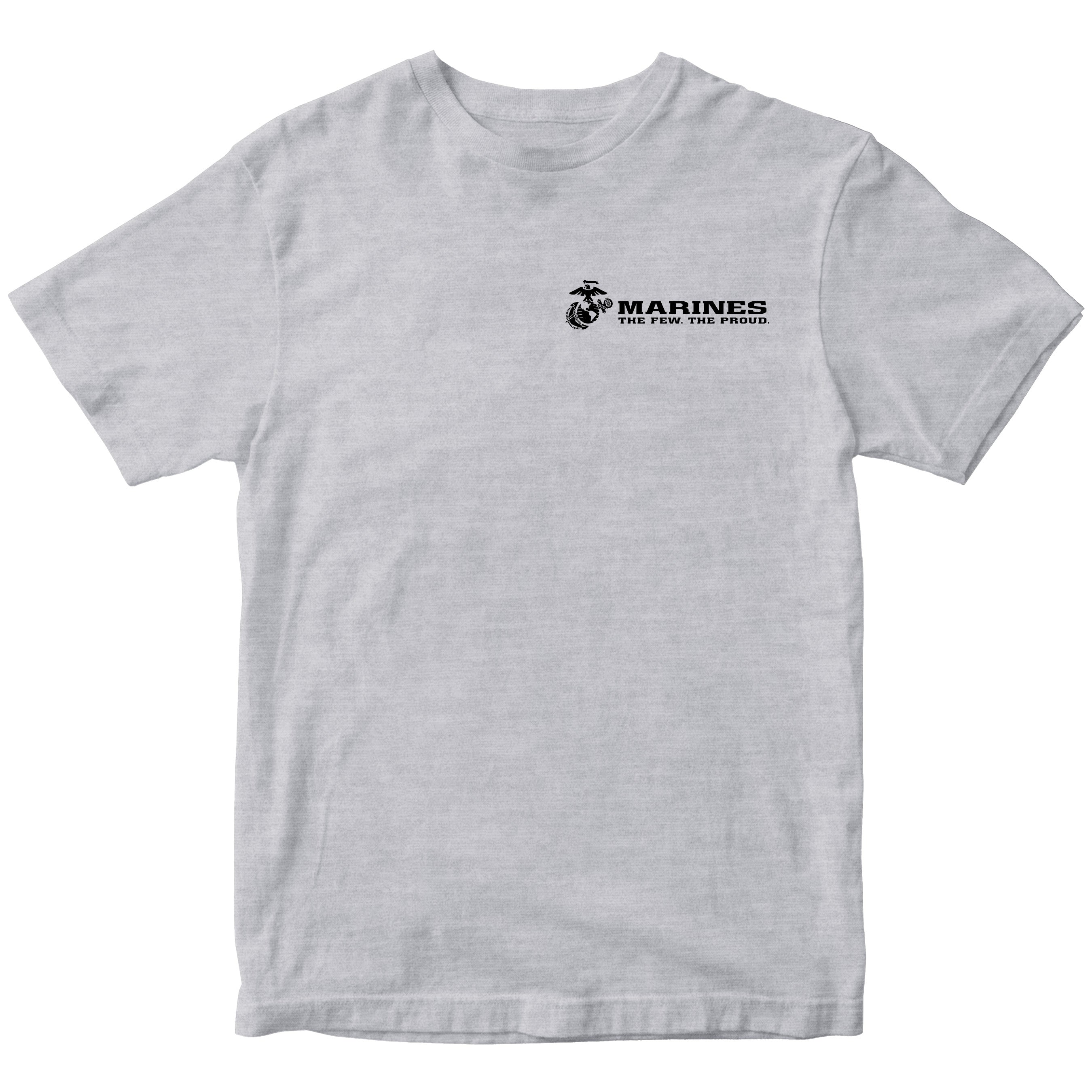 Gray USMC t-shirt with Eagle Globe Anchor and The Few The Proud slogan