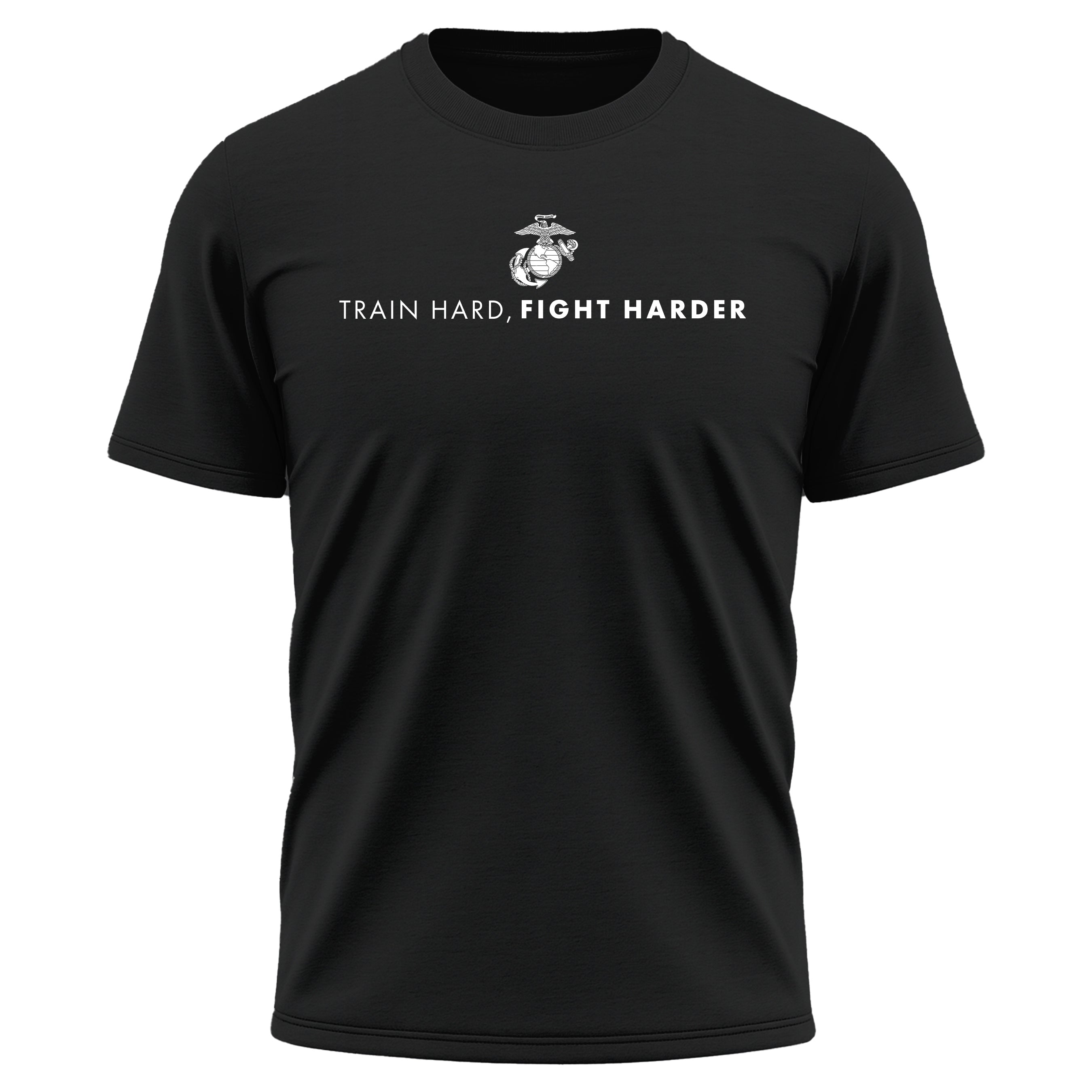 Black USMC Performance t-shirt with white EGA emblem and bold military quote 'Train Hard, Fight Harder' on chest, Marine Corps motivational workout shirt.