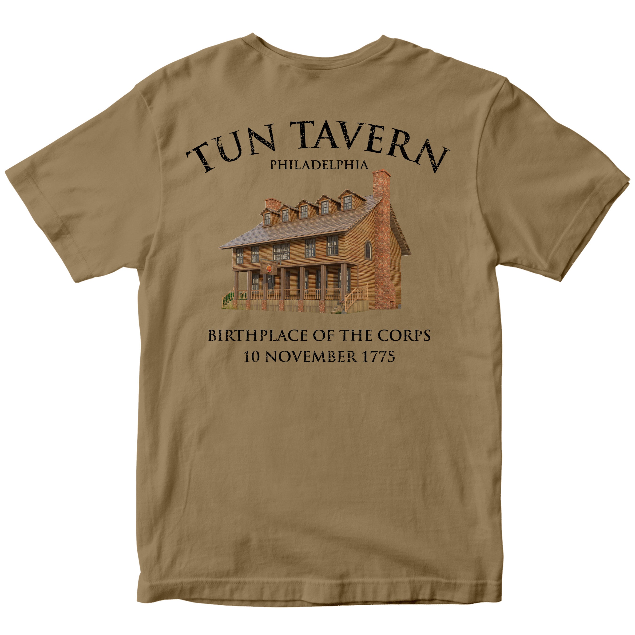 Brown USMC T-shirt with back illustration of Tun Tavern with text Birthplace of the Corps – 10 November 1775.