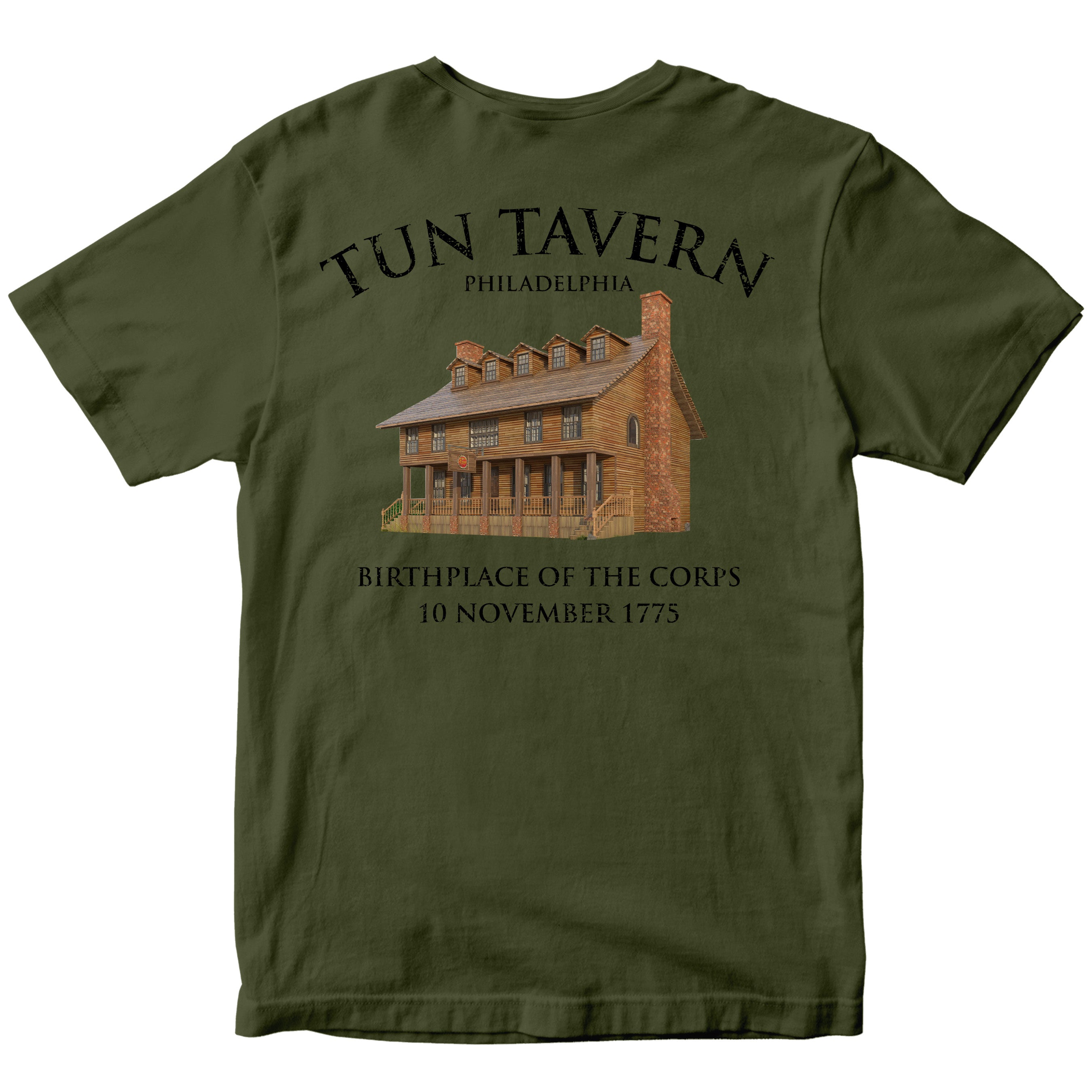 Green USMC T-shirt with back illustration of Tun Tavern with text Birthplace of the Corps – 10 November 1775.