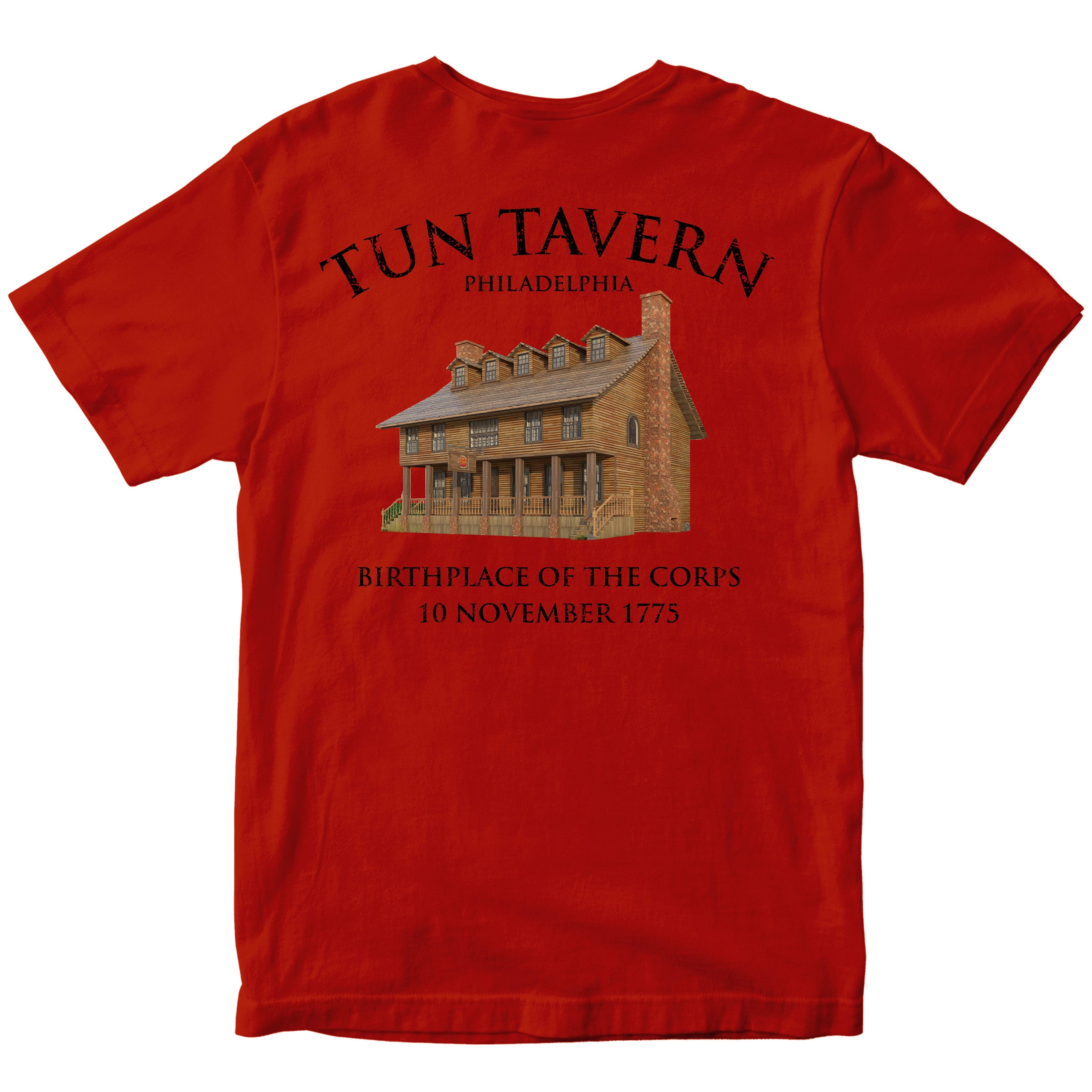 Red USMC T-shirt with back illustration of Tun Tavern with text Birthplace of the Corps – 10 November 1775.