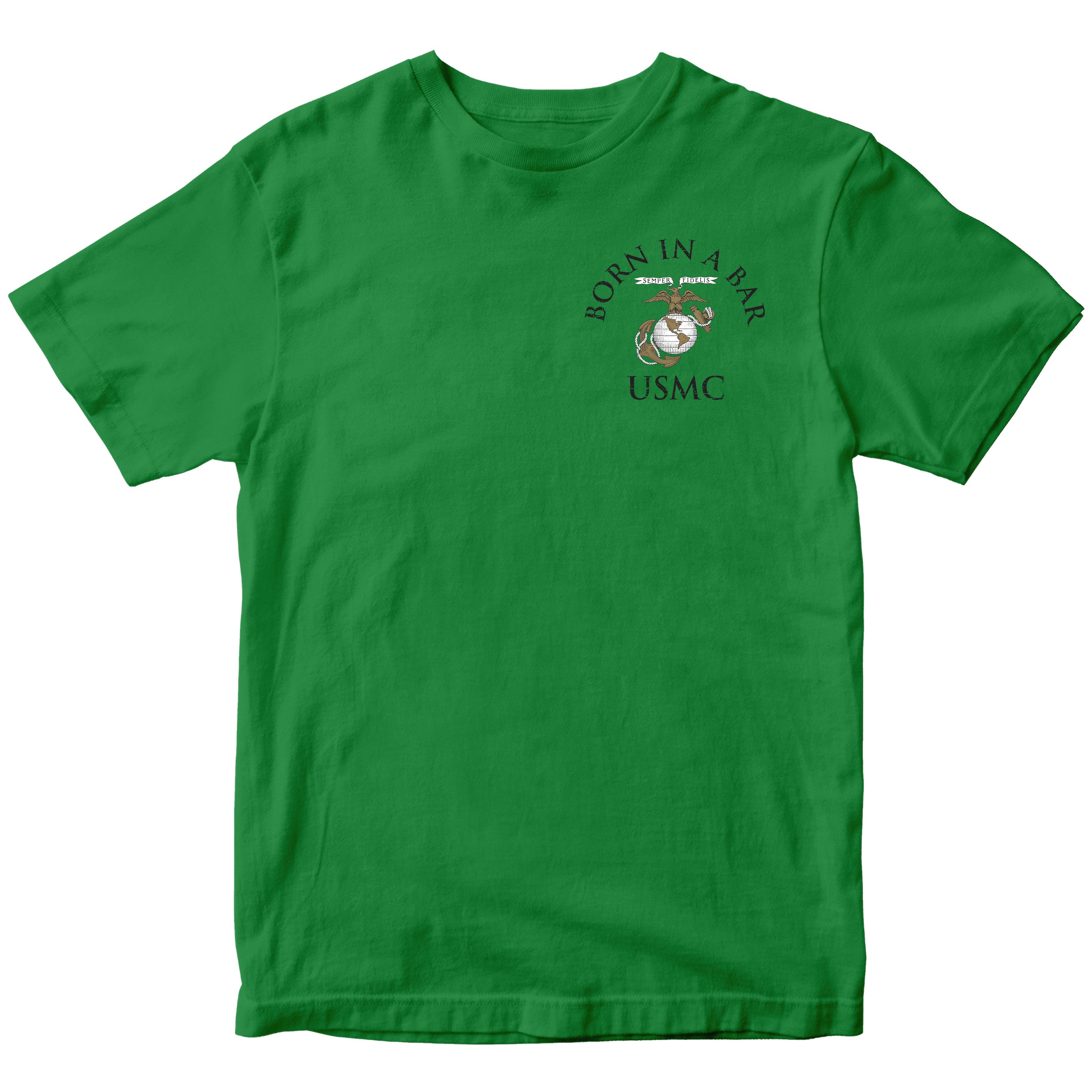 Marines Tun Tavern St. Patrick’s Day T-shirt with Tun Tavern illustration and Birthplace of the Corps text. USMC Green St. Patrick's Day Tee