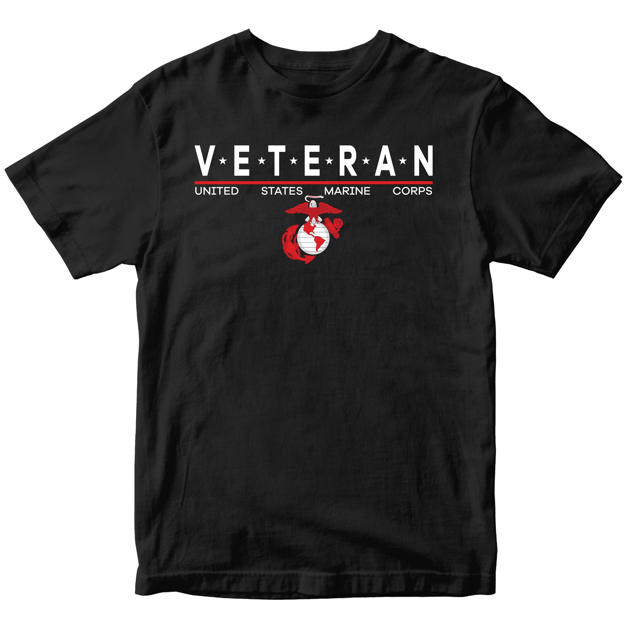 Black USMC Veteran T-shirt with star-accented ‘VETERAN’ text and Eagle, Globe and Anchor emblem.