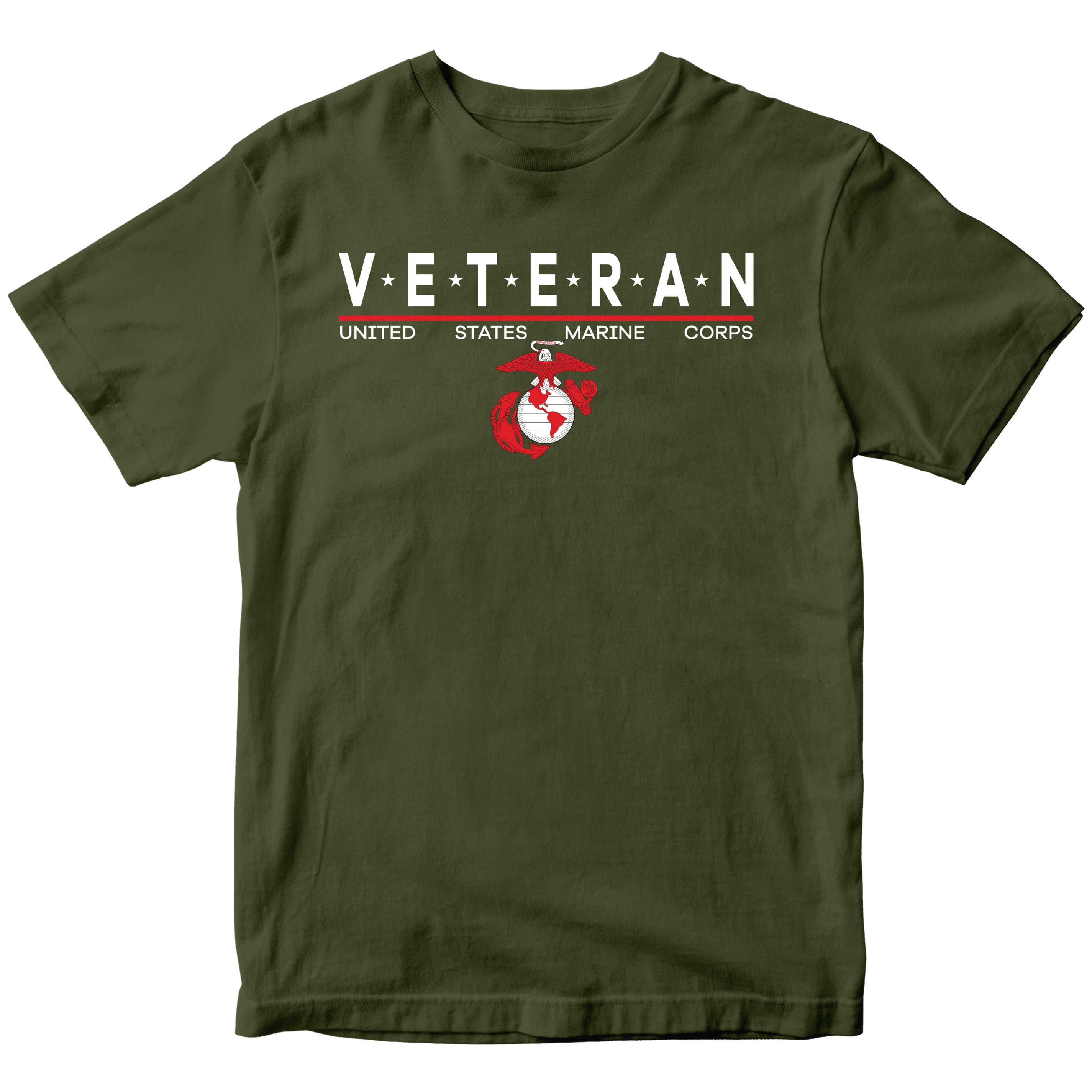 Green USMC Veteran T-shirt with star-accented ‘VETERAN’ text and Eagle, Globe and Anchor emblem.
