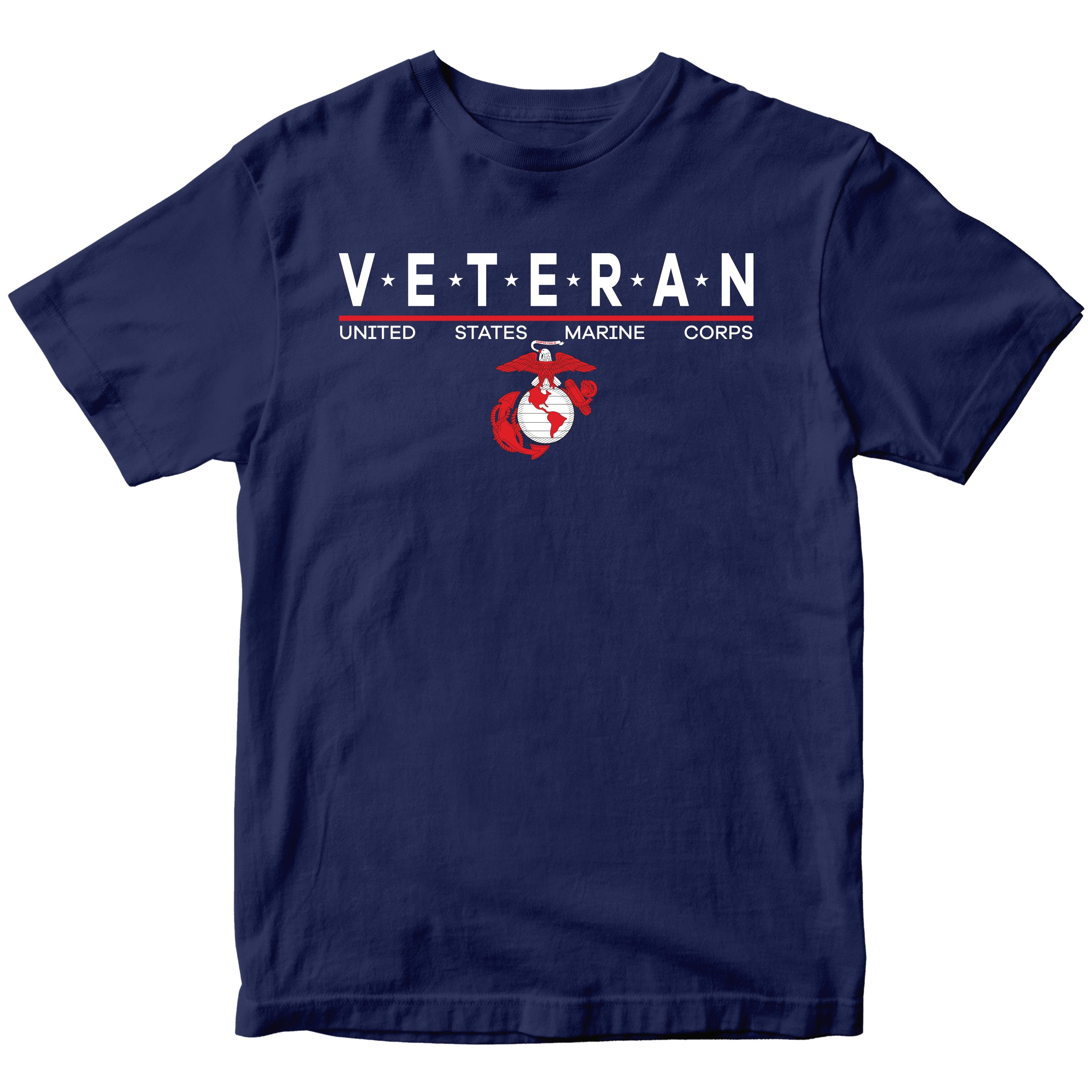 Navy Blue USMC Veteran T-shirt with star-accented ‘VETERAN’ text and Eagle, Globe and Anchor emblem.