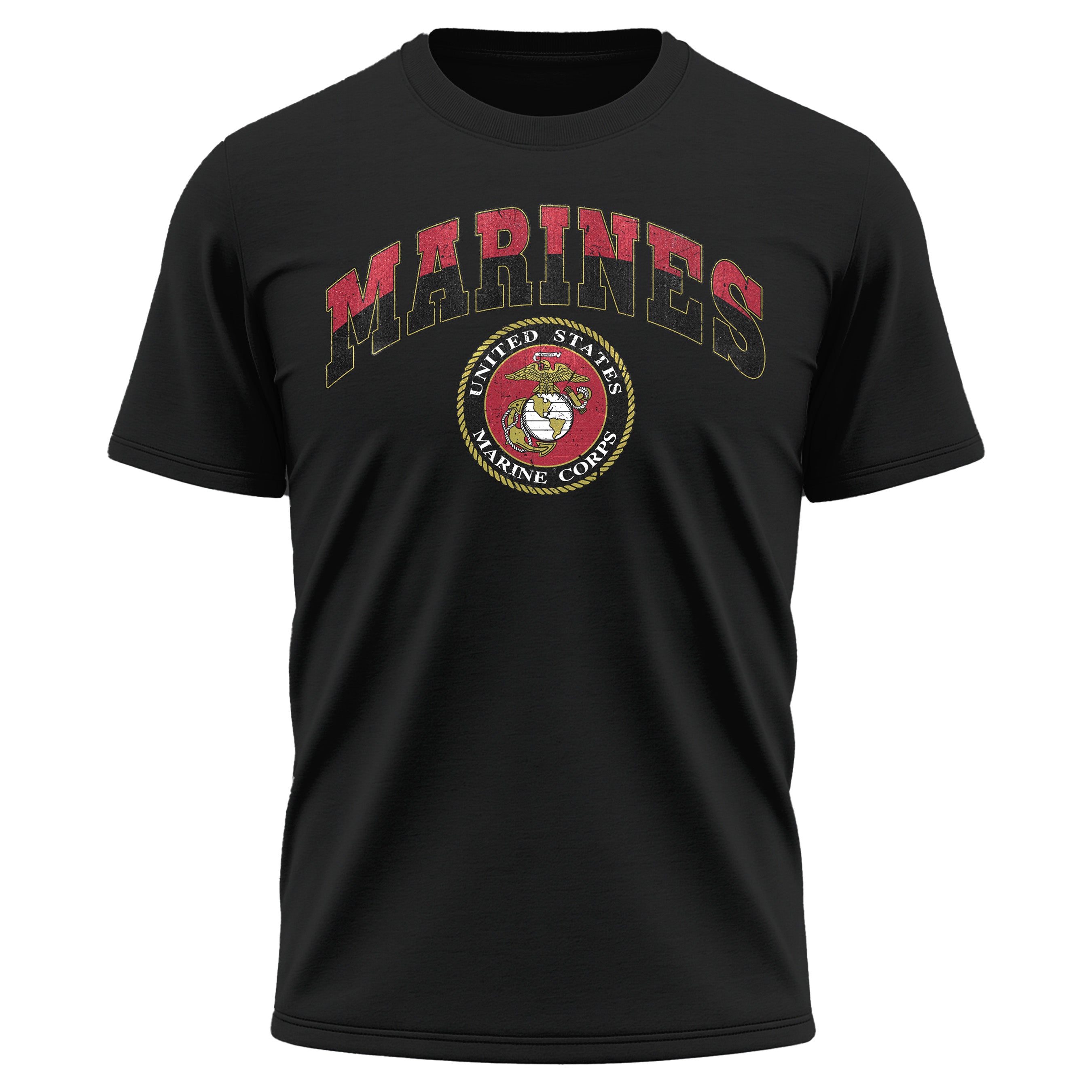 Vintage USMC Marines t-shirt with distressed red and black 'MARINES' text and full-color United States Marine Corps seal, patriotic military shirt for veterans and Marine supporters