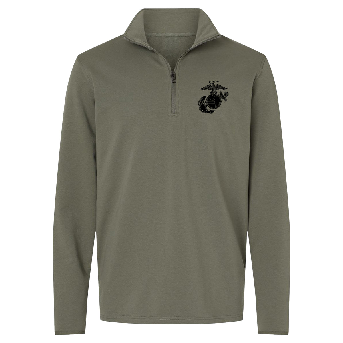 OD Green Vintage Marine Chest Seal performance quarter-zip pullover with black Eagle Globe and Anchor chest graphic