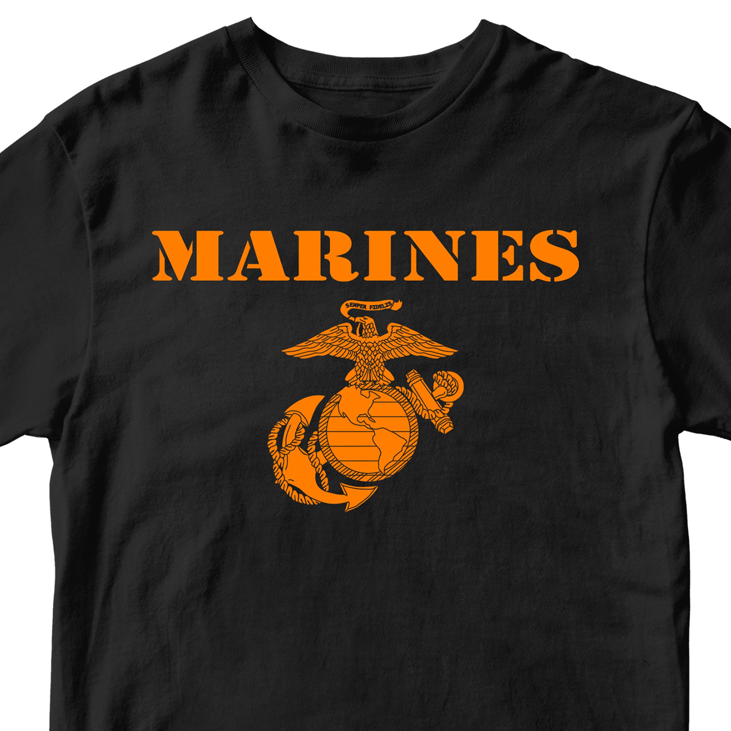 Black limited-edition USMC Halloween T-shirt with orange vintage Marines lettering and Eagle Globe and Anchor graphic