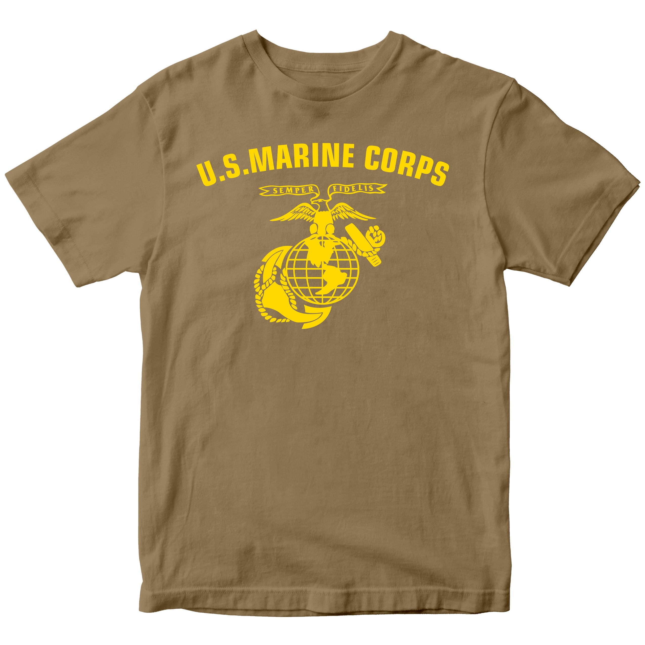 Brown & Gold U.S. Marines T-shirt with large full-front ‘U.S. Marine Corps’ arch and Eagle, Globe, and Anchor emblem. USMC Tee
