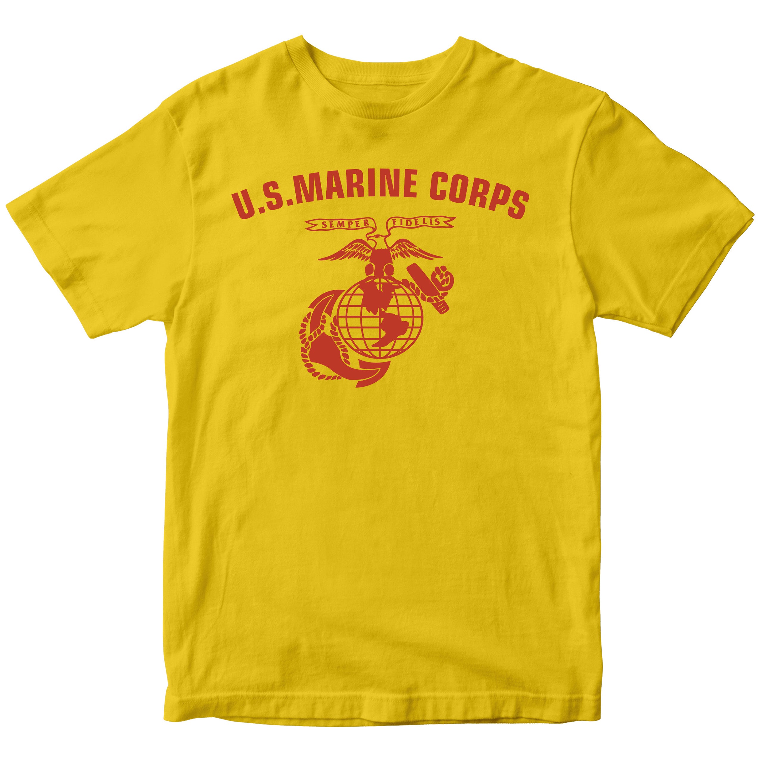 Gold & Red U.S. Marines T-shirt with large full-front ‘U.S. Marine Corps’ arch and Eagle, Globe, and Anchor emblem. USMC Tee