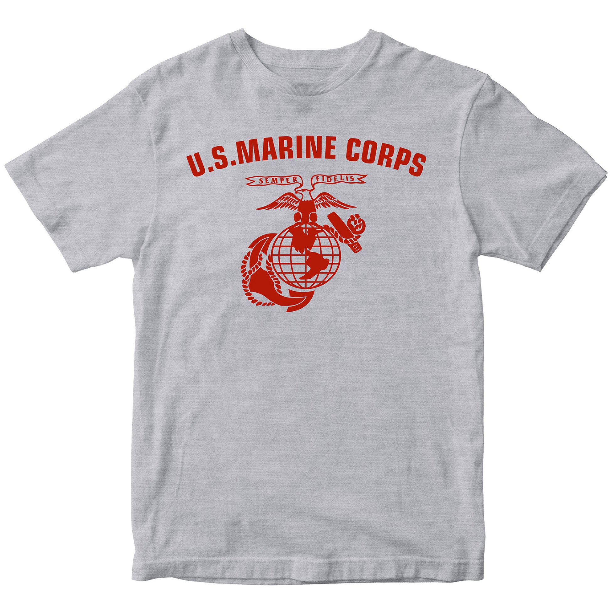 Grey U.S. Marines T-shirt with large full-front ‘U.S. Marine Corps’ arch and Eagle, Globe, and Anchor emblem. USMC Tee