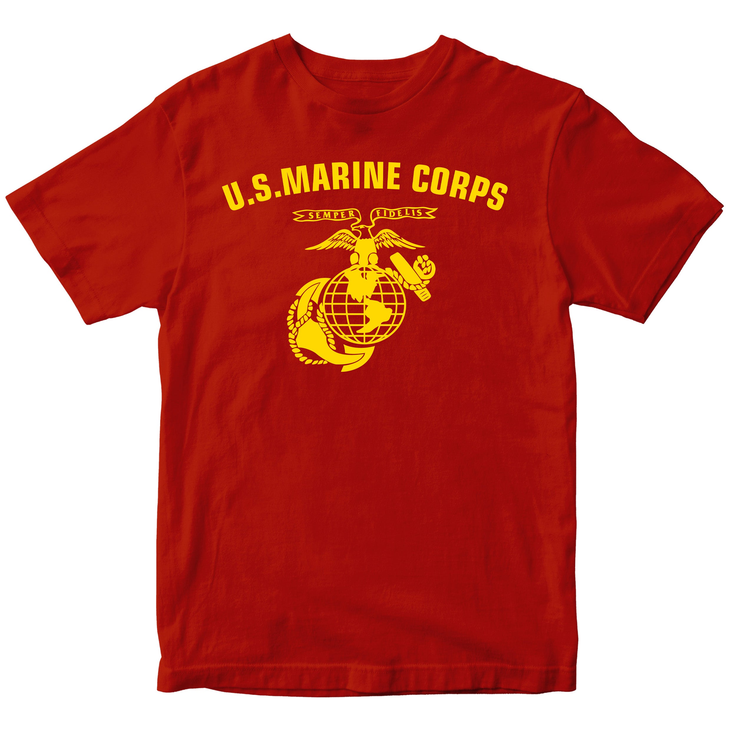 Red & Gold U.S. Marines T-shirt with large full-front ‘U.S. Marine Corps’ arch and Eagle, Globe, and Anchor emblem. USMC Tee