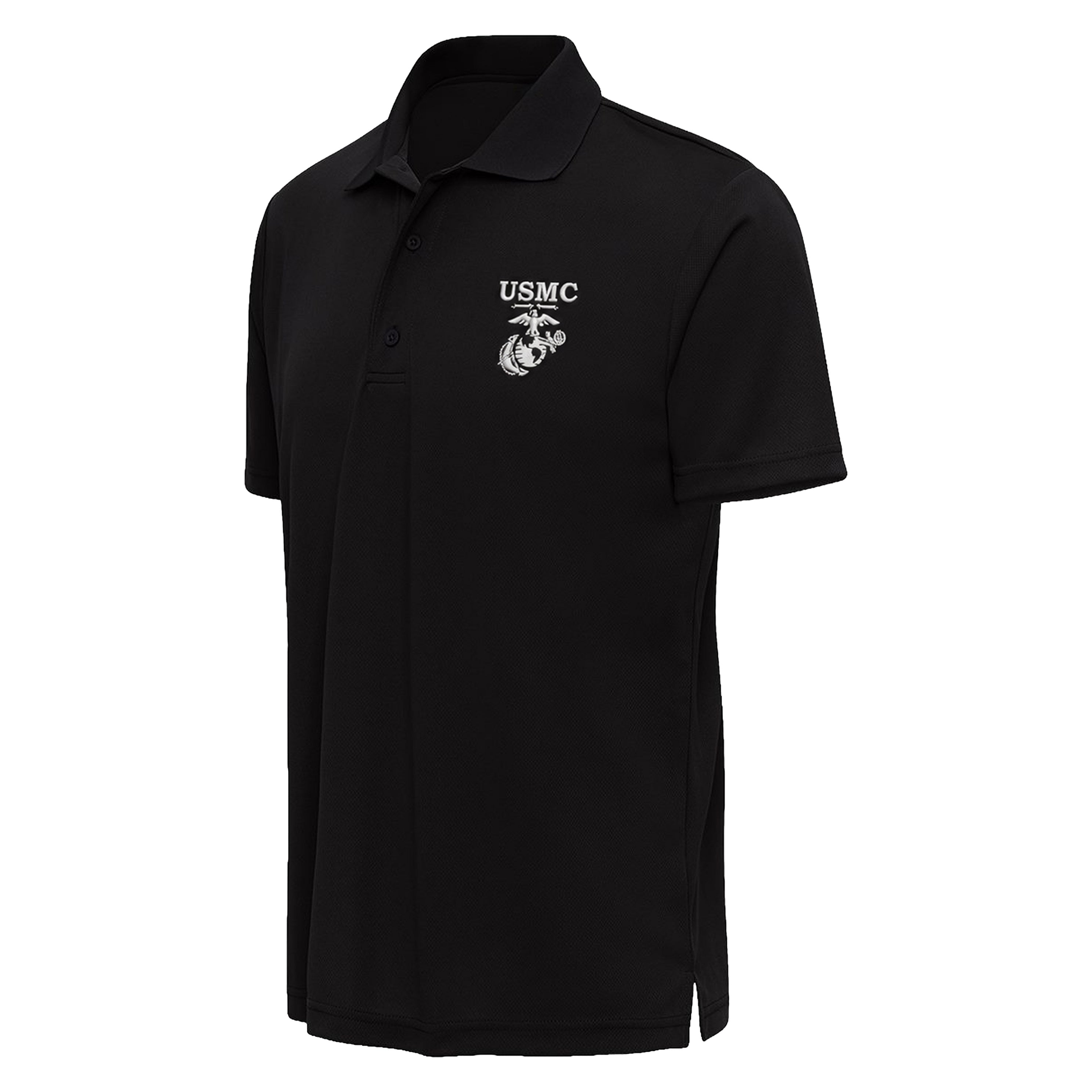 Black USMC performance polo with embroidered white USMC lettering and an old-school Eagle, Globe & Anchor on the left chest. Marines Polo