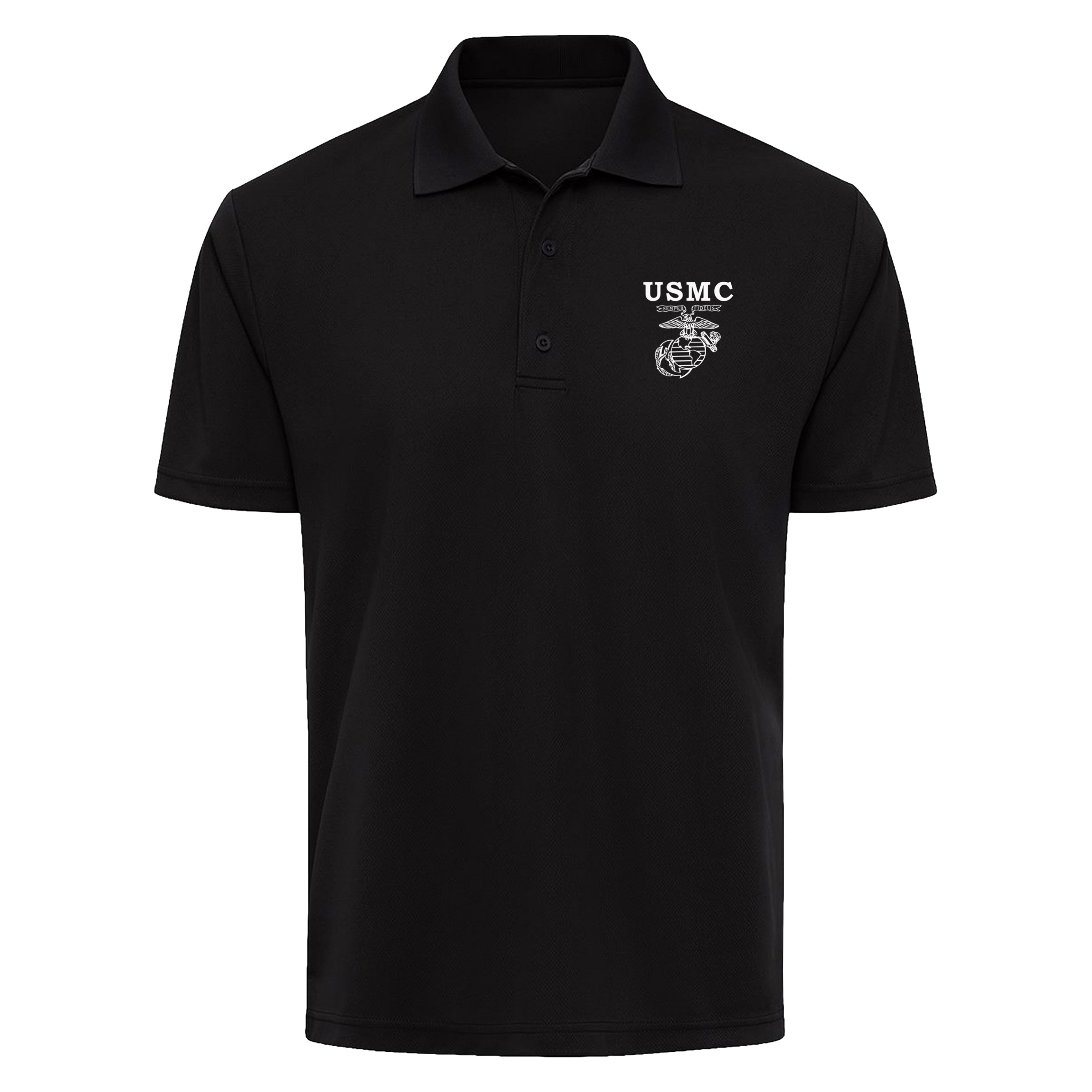 Black USMC performance polo with white USMC lettering and an old-school Eagle, Globe & Anchor left-chest print. Marines polo