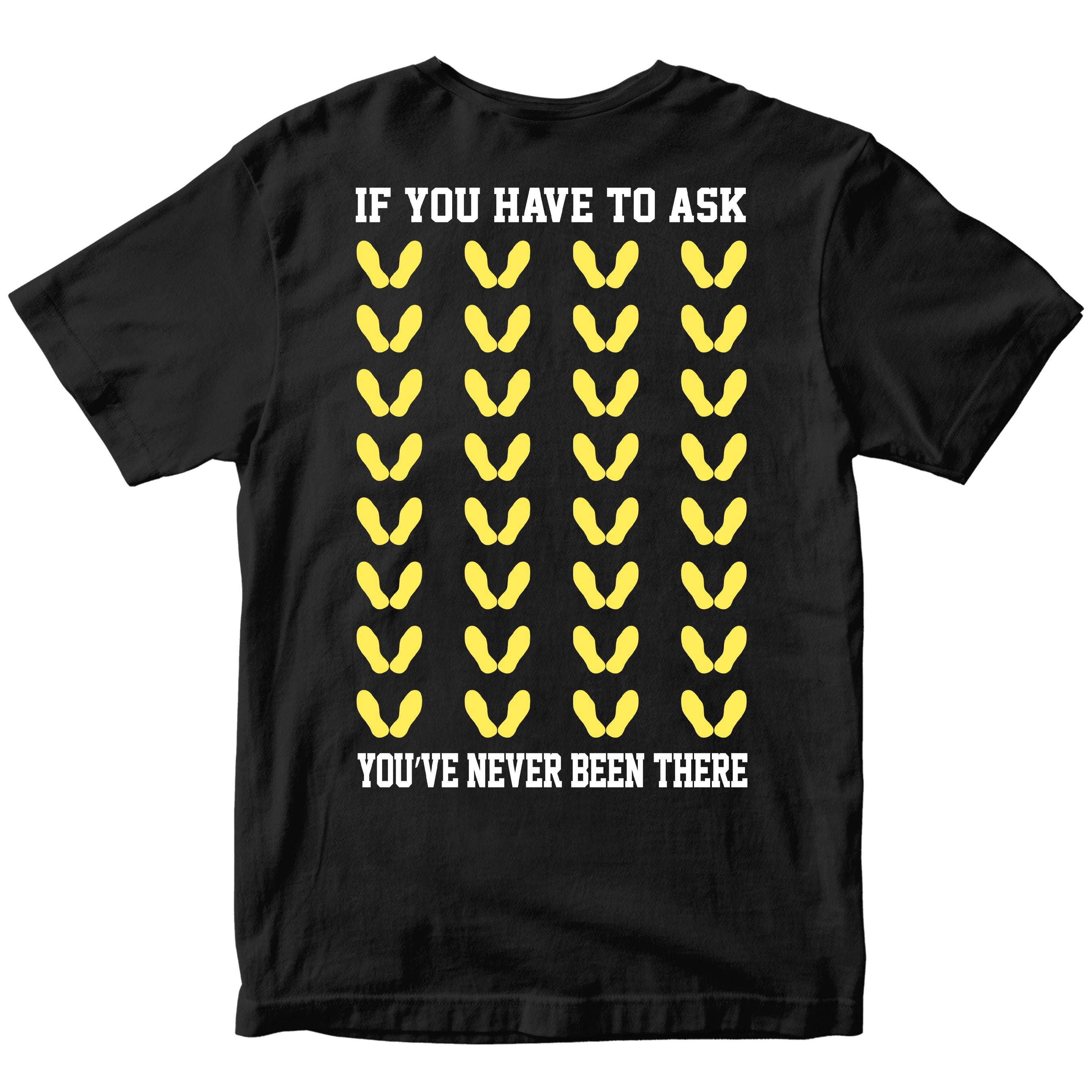 Black Marine Corps t-shirt with yellow boot camp footprints with bold text on the back.