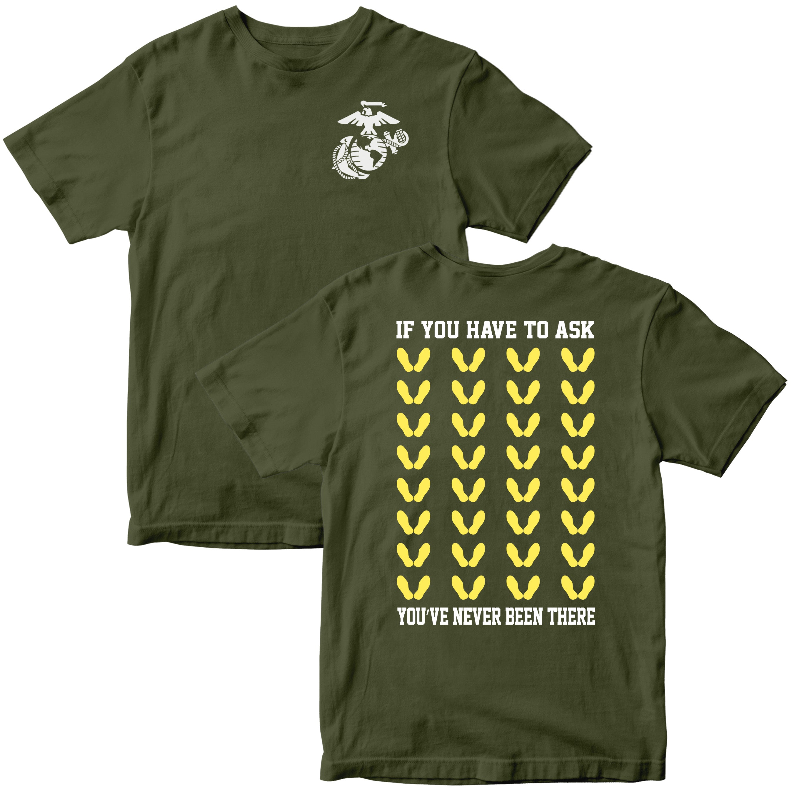 Green Marine Corps t-shirt with white Eagle, Globe, and Anchor on front and yellow boot camp footprints with bold text on the back.