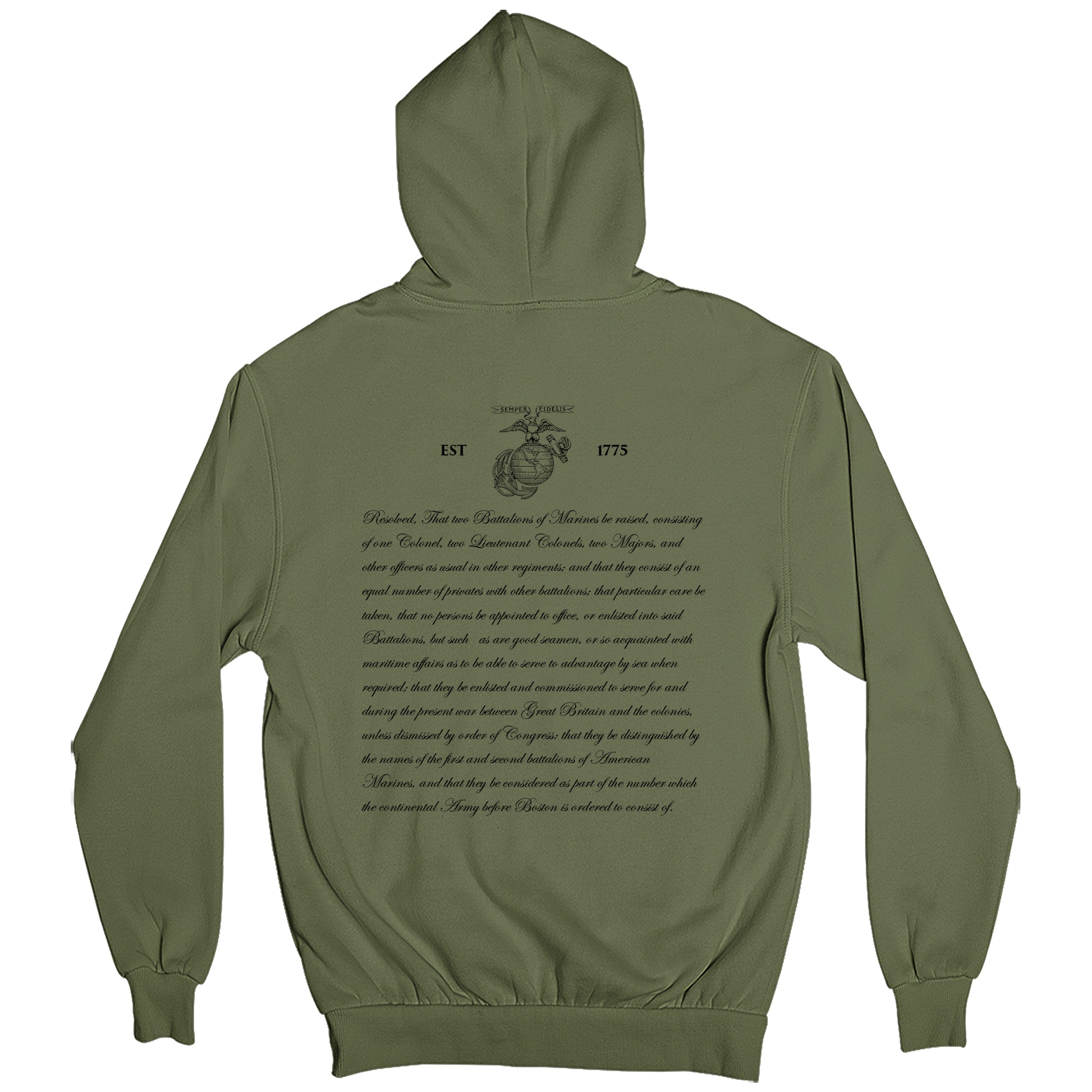Green Marine Corps 250th Birthday hoodie with Continental Marines Act text on back