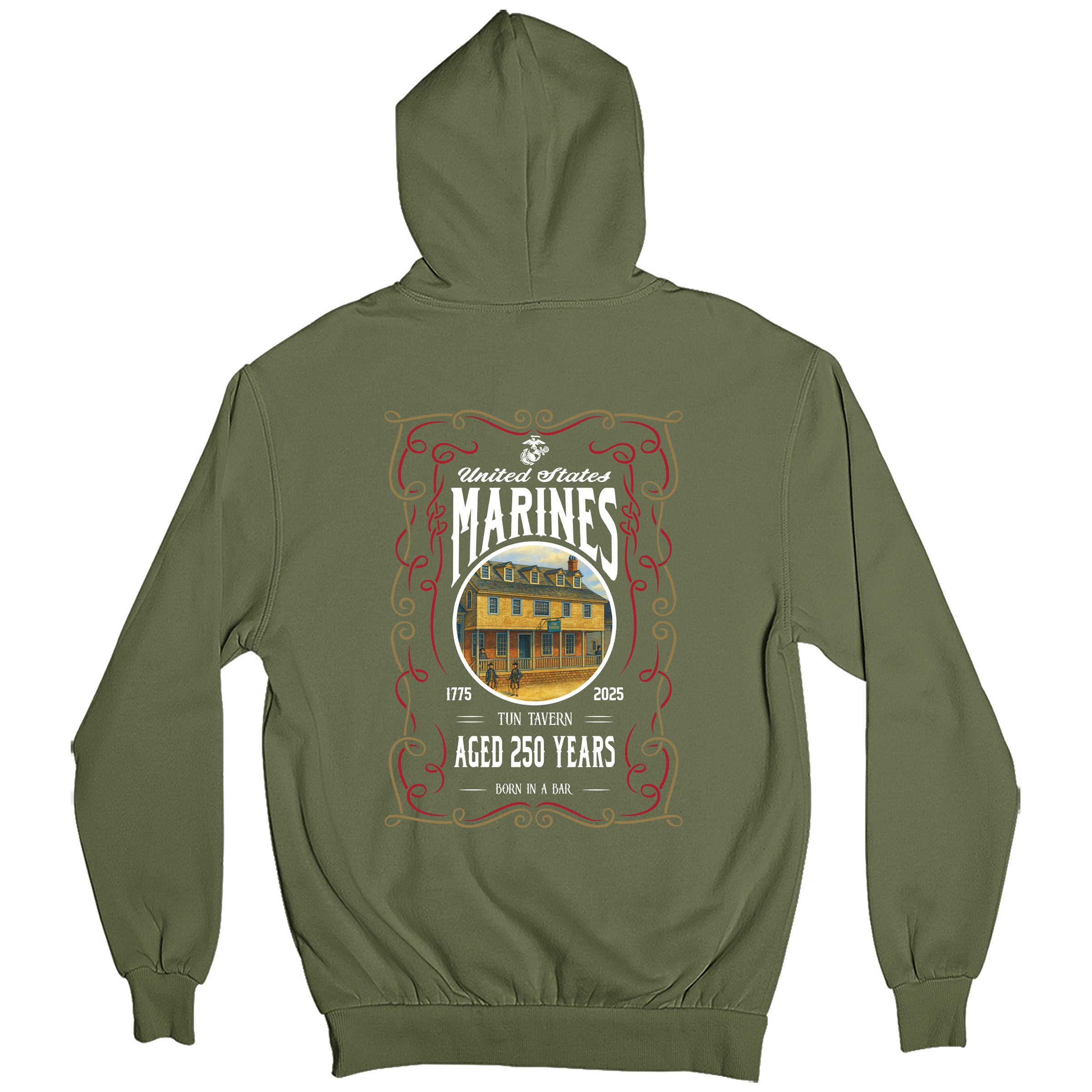 USMC 250th Birthday hoodie featuring  large back design with Tun Tavern illustration, ornate frame, and text 'United States Marines – Aged 250 Years – Born in a Bar – 1775–2025