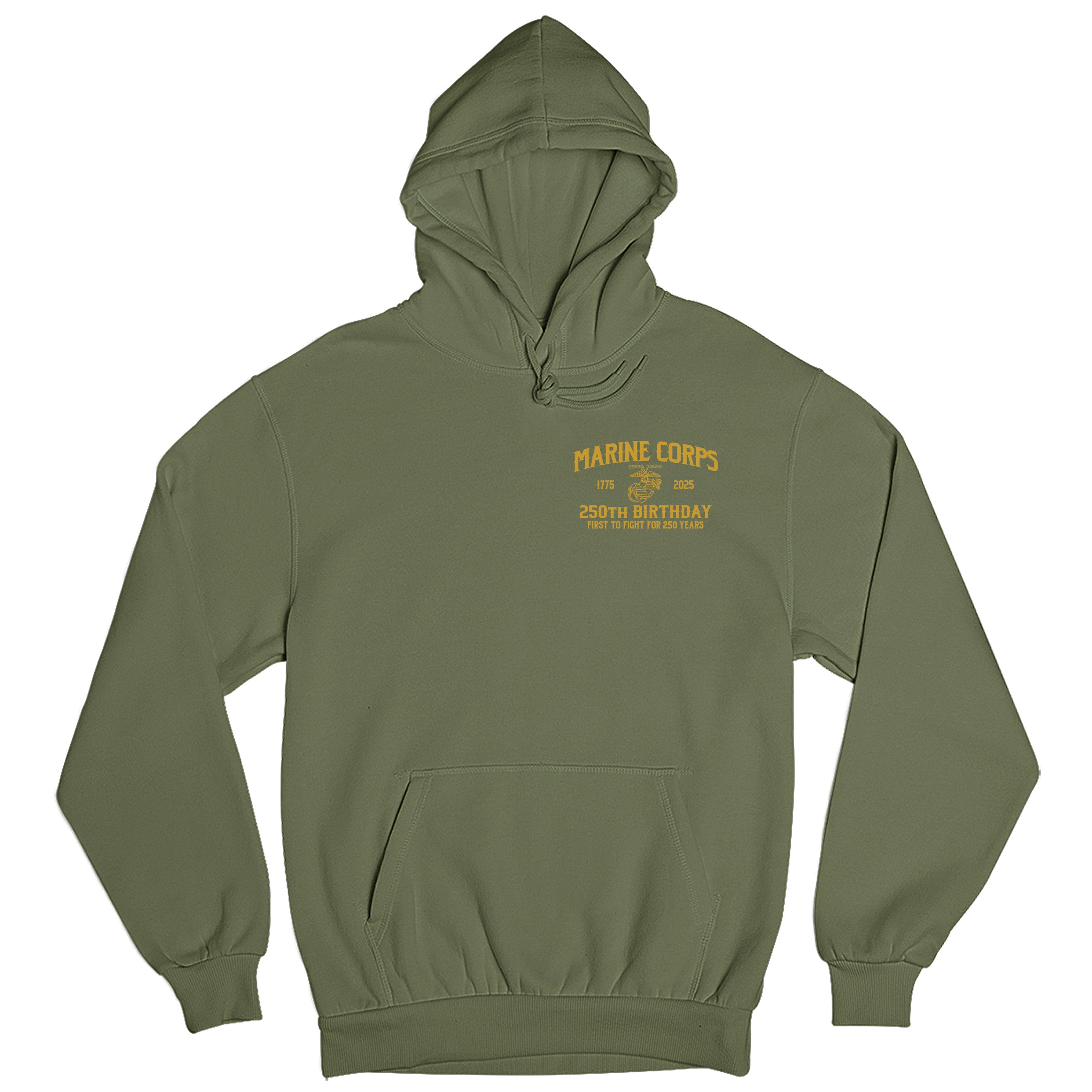 Marine Corps 250th Birthday Born in a Bar Green hoodie, featuring front chest seal with Eagle, Globe, and Anchor 